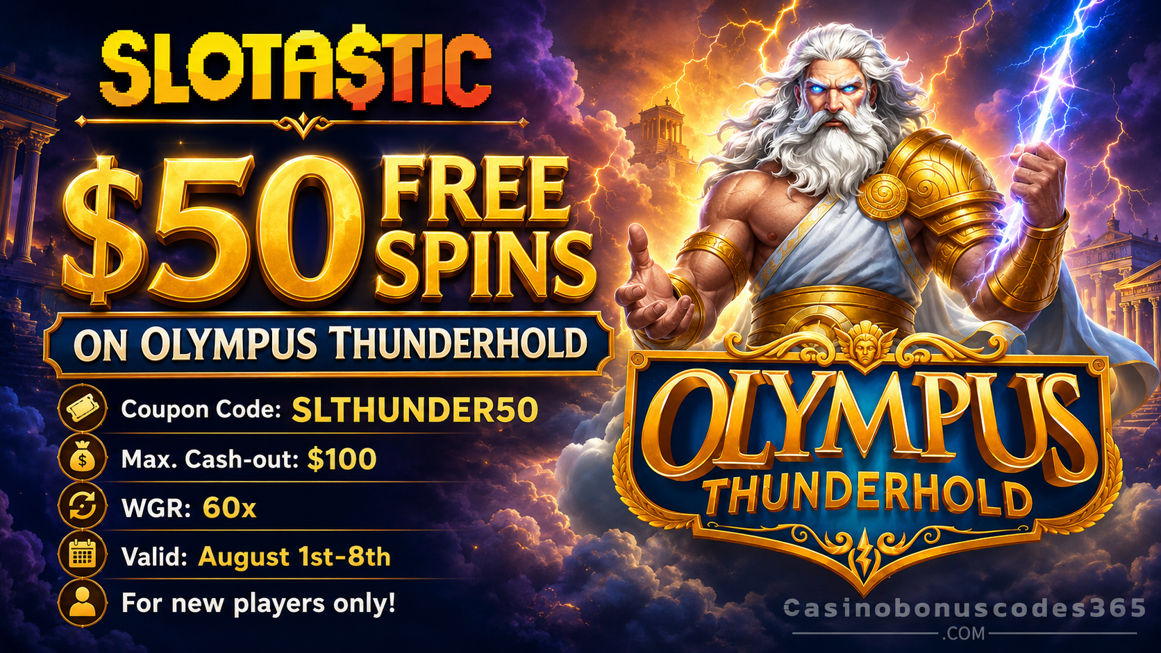 Slotastic Casino 50 FREE Spins on Olympus Thunderhold