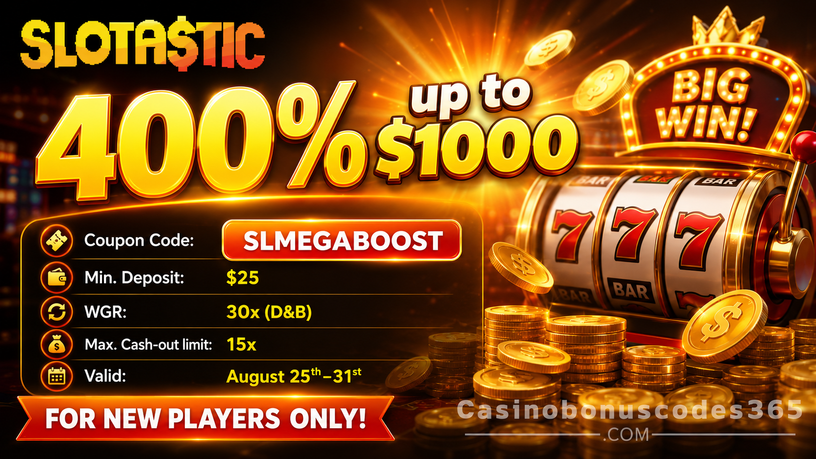 Slotastic Casino 400% up to $1,000 deposit bonus