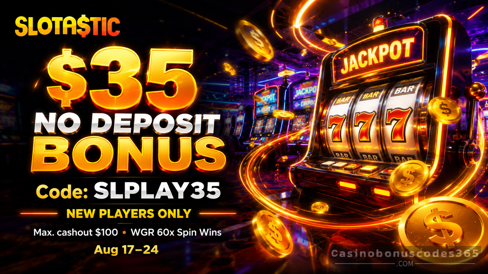 Slotastic Casino $35 No Deposit Bonus code SLPLAY35