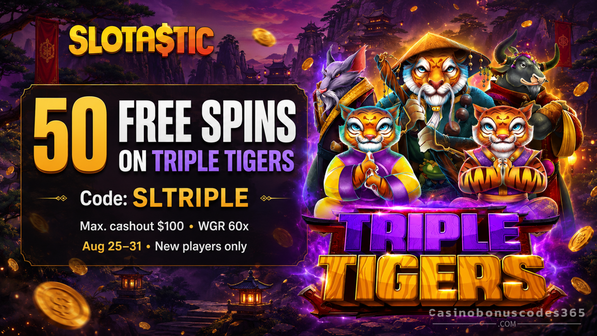 Slotastic Casino 50 FREE Spins on Triple Tigers