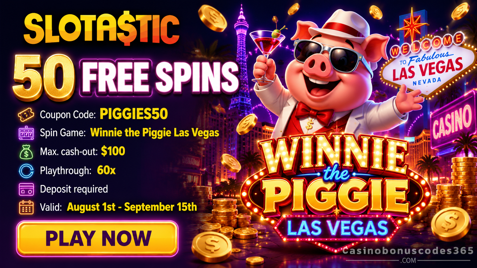 Slotastic Casino 50 FREE Spins on Winnie the Piggie Las Vegas