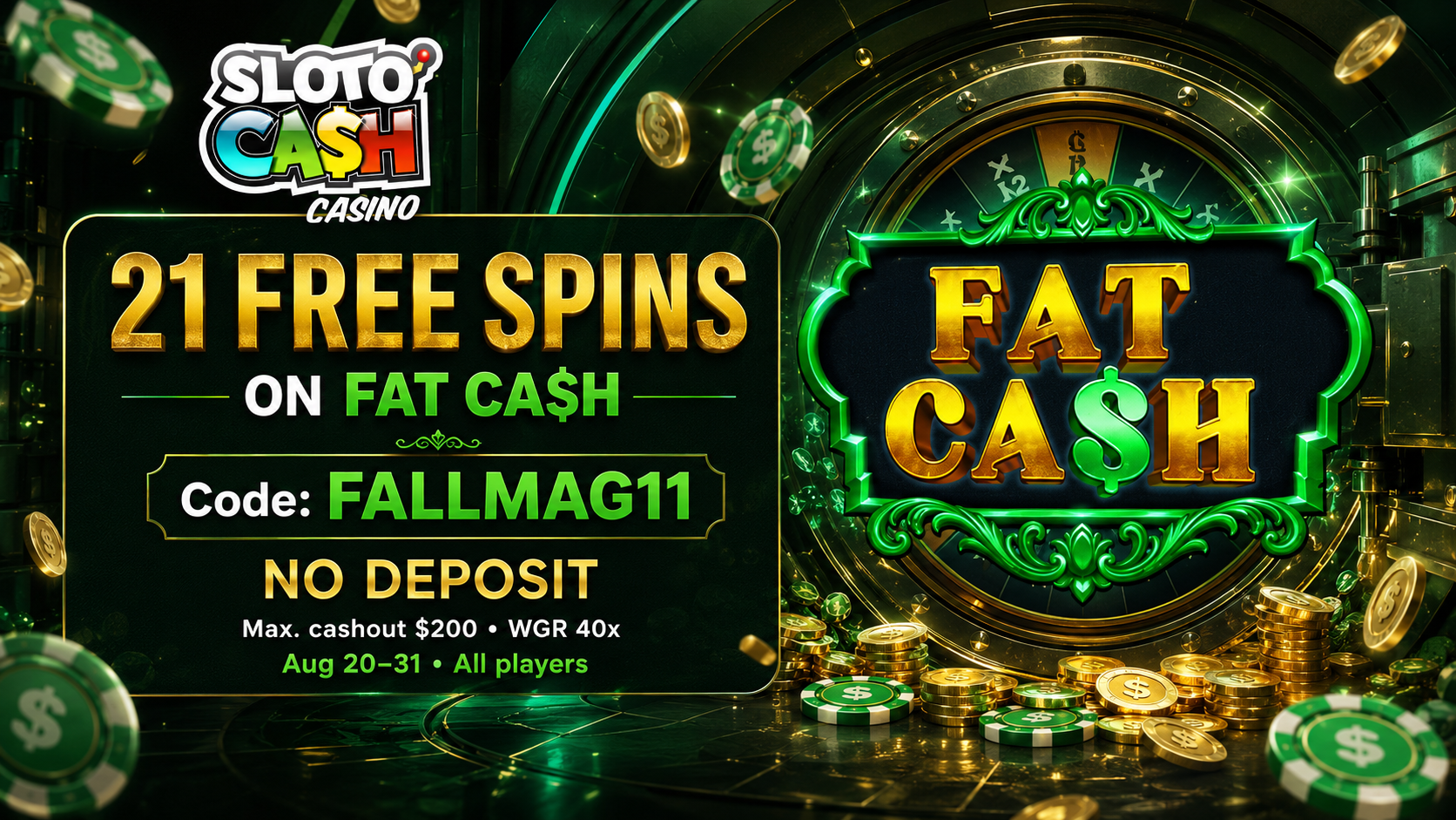 SlotoCash Bonus Offer – 21 no-deposit FREE Spins