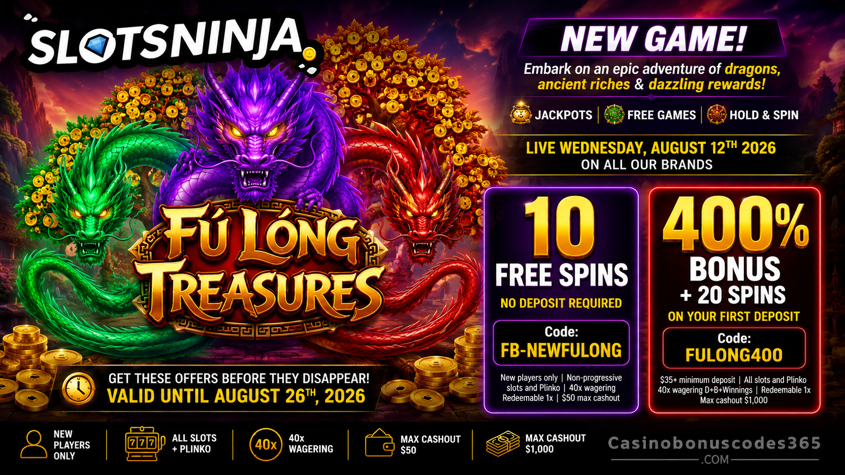Slots Ninja Fú Lóng Treasures 10 FREE Spins + 400% Bonus