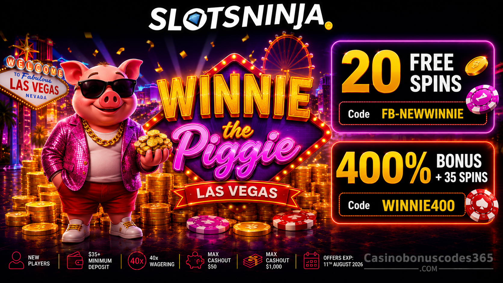 Slots Ninja Winnie the Piggie Las Vegas 400% Bonus + 35 FREE Spins