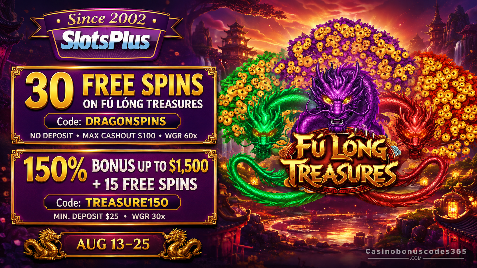 SlotsPlus Bonus Offer – 30 no-deposit FREE Spins on Fu Long Treasures