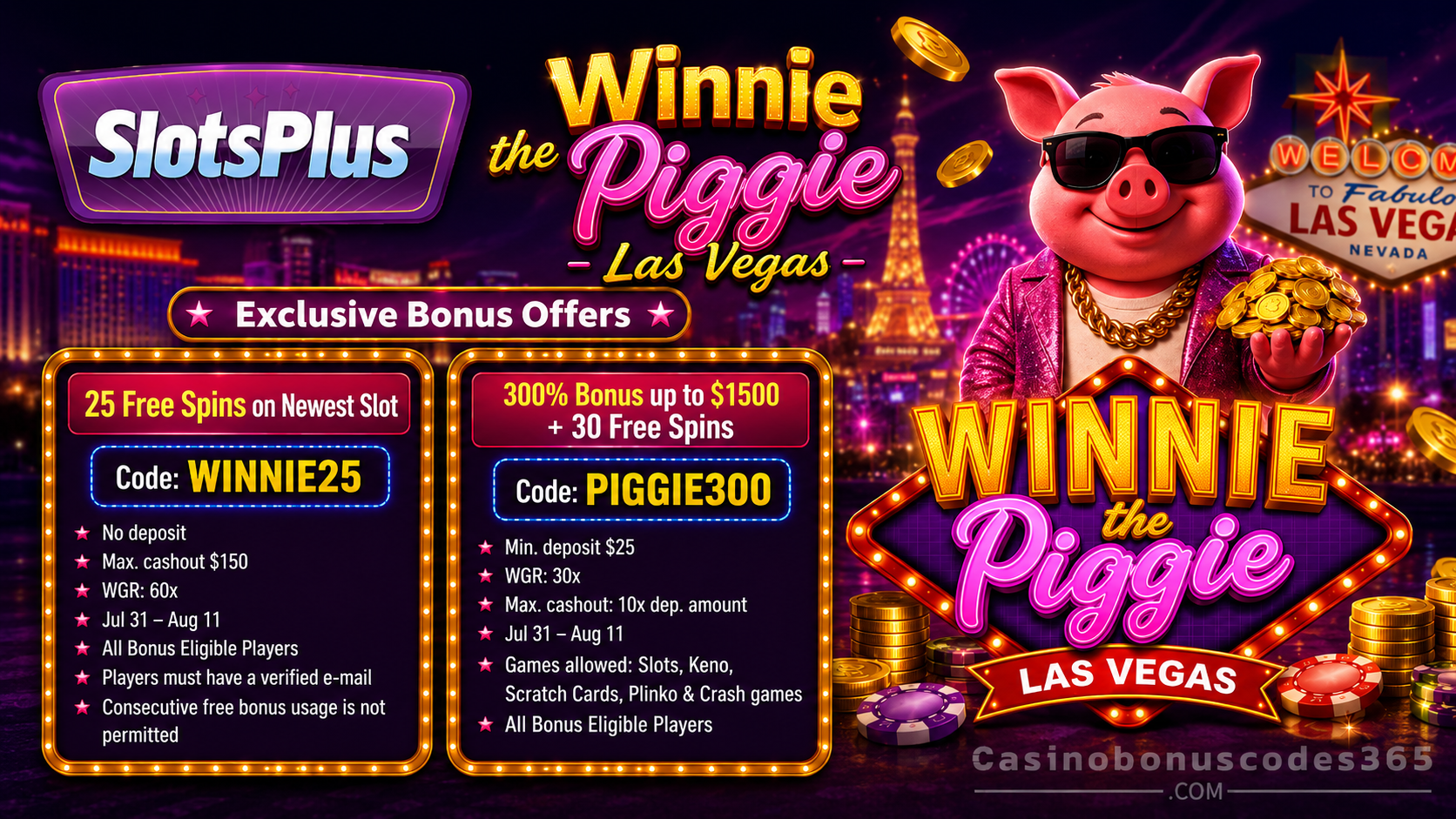 SlotsPlus Bonus Offer – 25 no-deposit FREE Spins on Winnie the Piggie Las Vegas