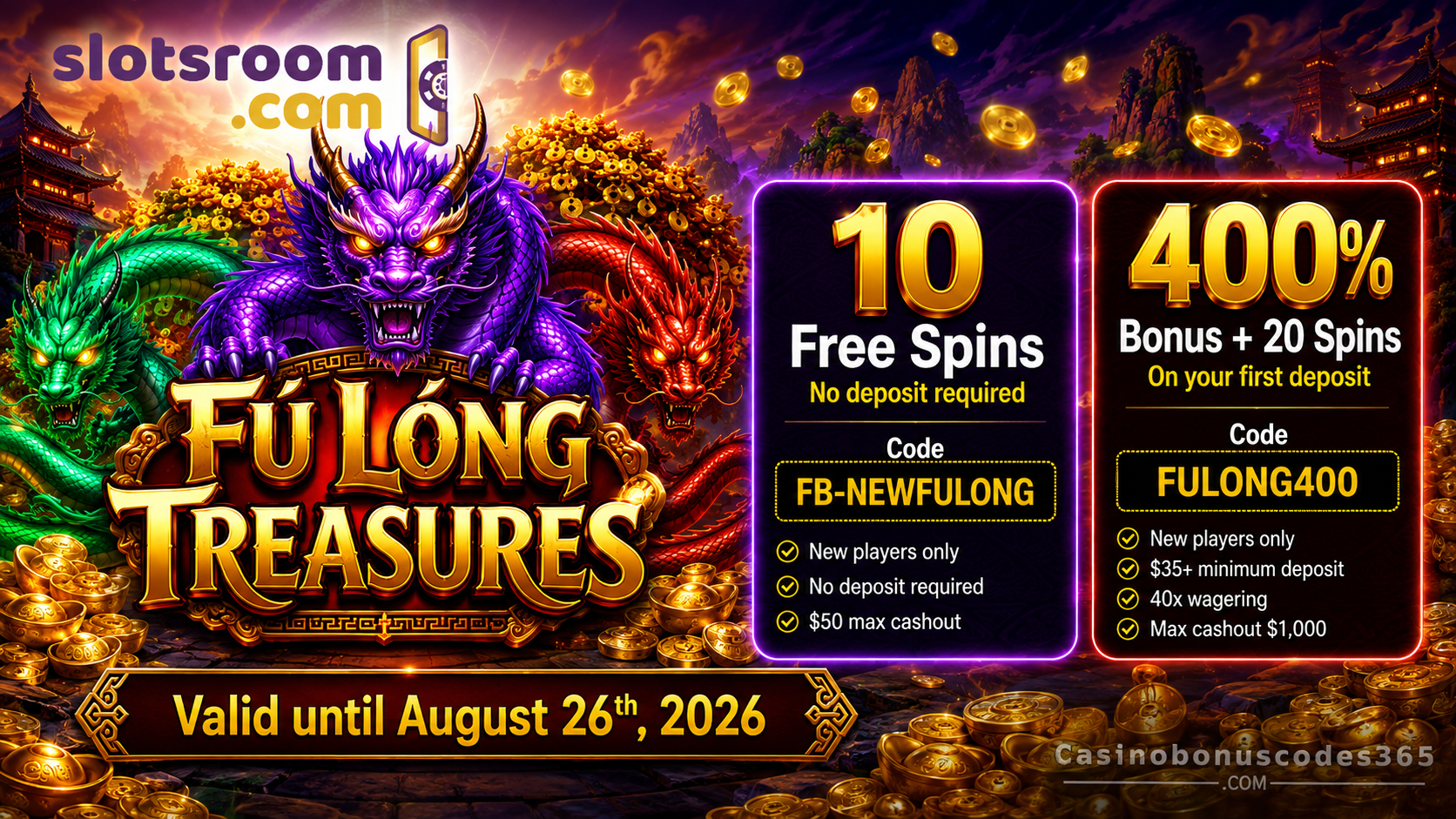 Slotsroom Fú Lóng Treasures 10 FREE Spins + 400% Bonus