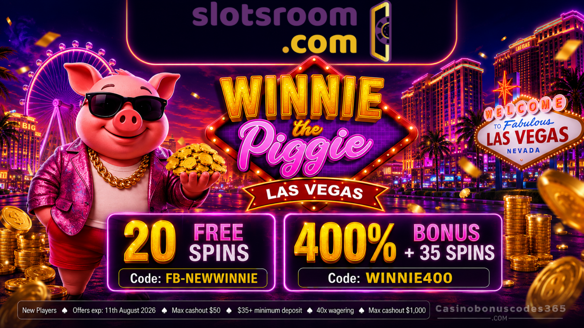 Slotsroom Winnie the Piggie Las Vegas 400% Bonus + 35 FREE Spins