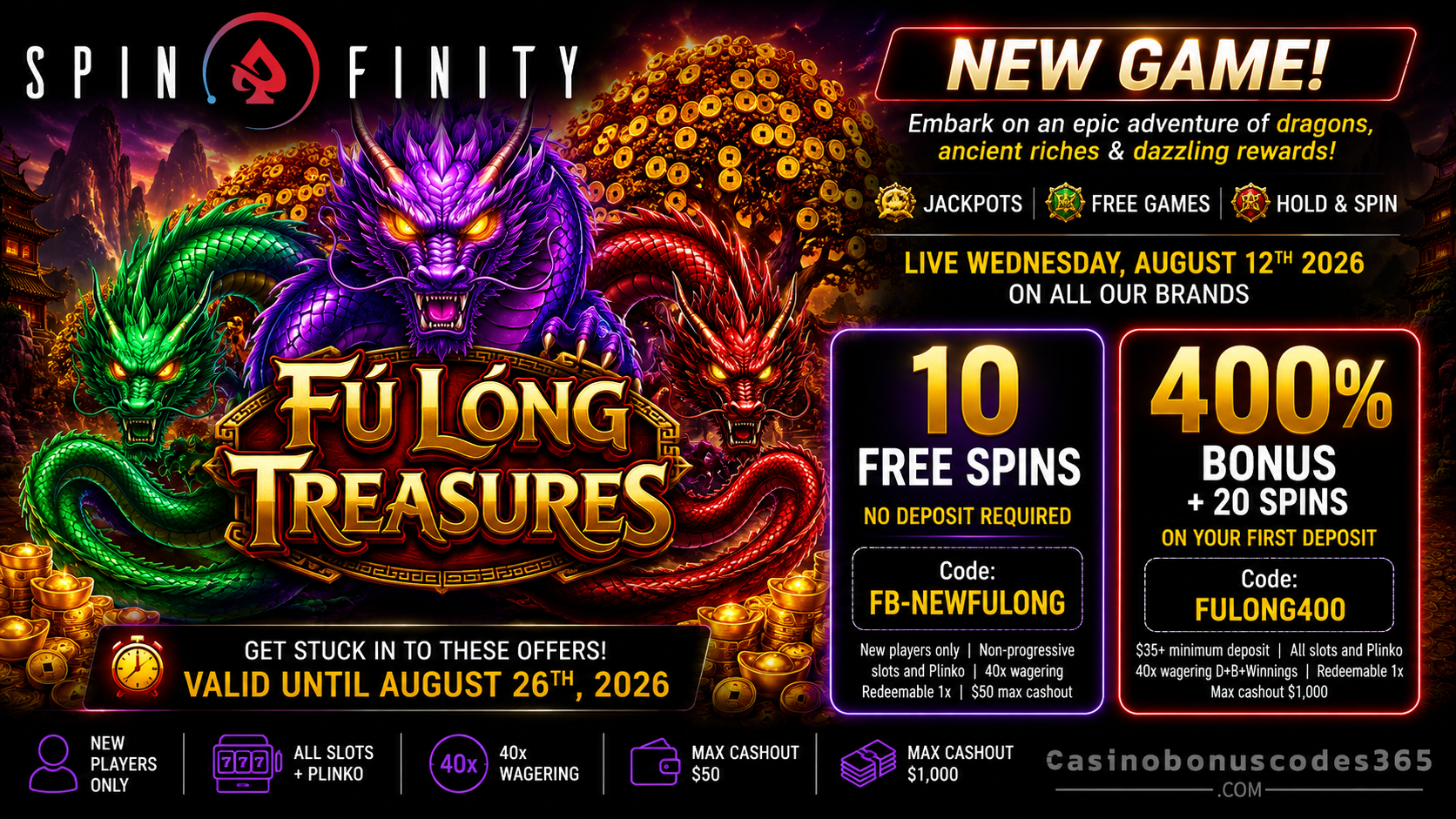 Spinfinity Fú Lóng Treasures 10 FREE Spins + 400% Bonus