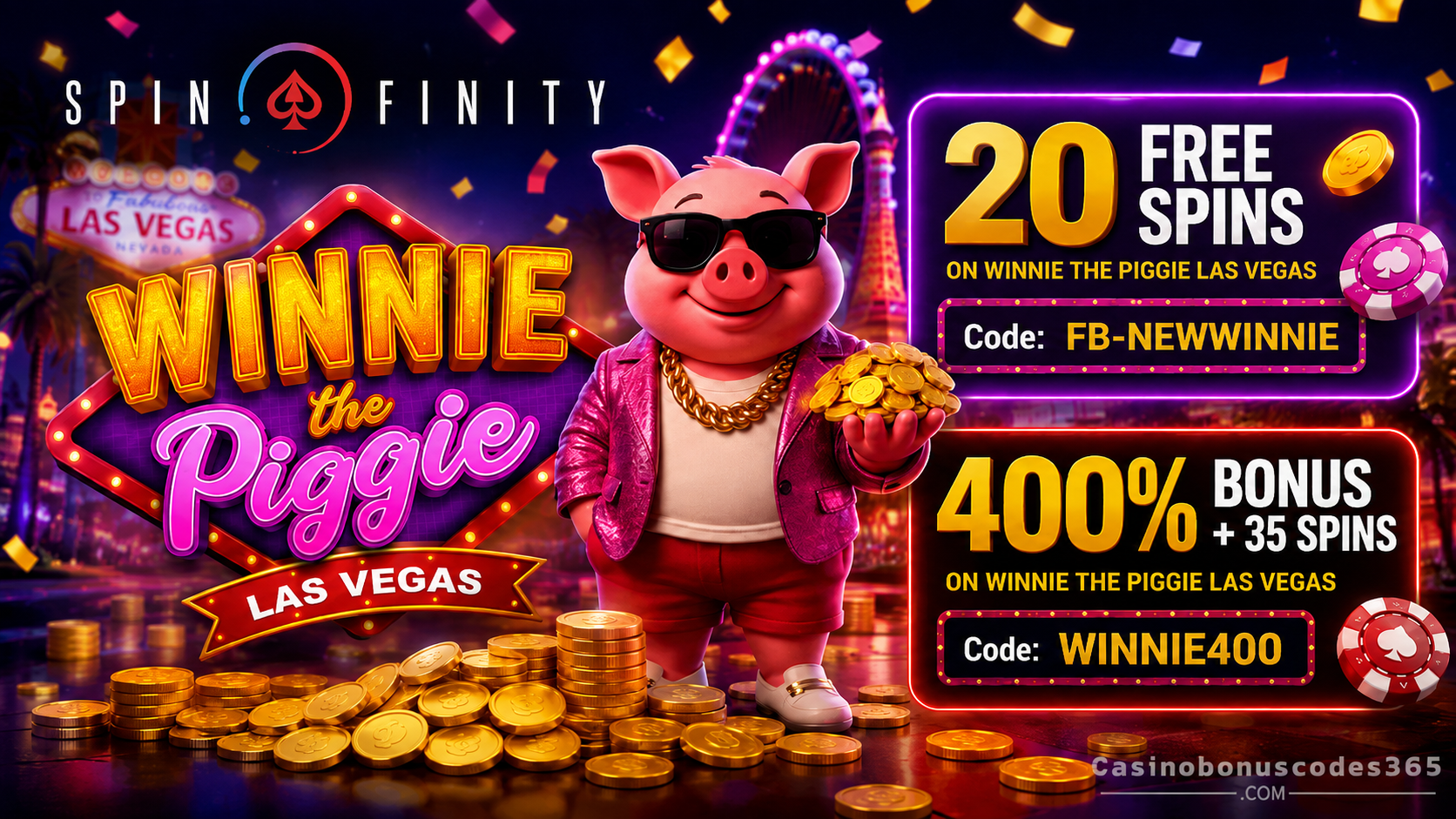 Spinfinity Winnie the Piggie Las Vegas 400% Bonus + 35 FREE Spins