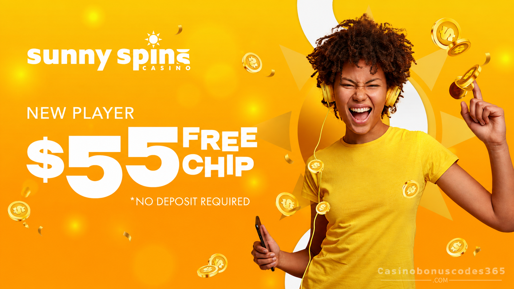 SunnySpins $55 Free Chip no deposit bonus code SUNNY55