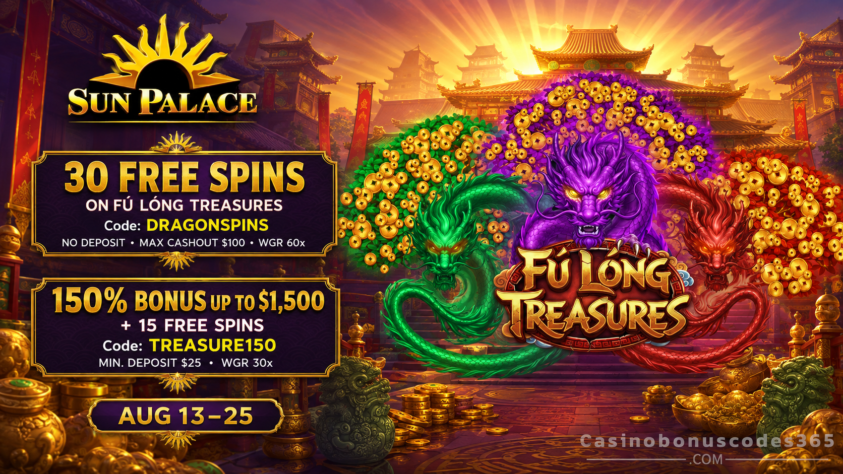 Sun Palace Bonus Offer – 30 no-deposit FREE Spins on Fu Long Treasures