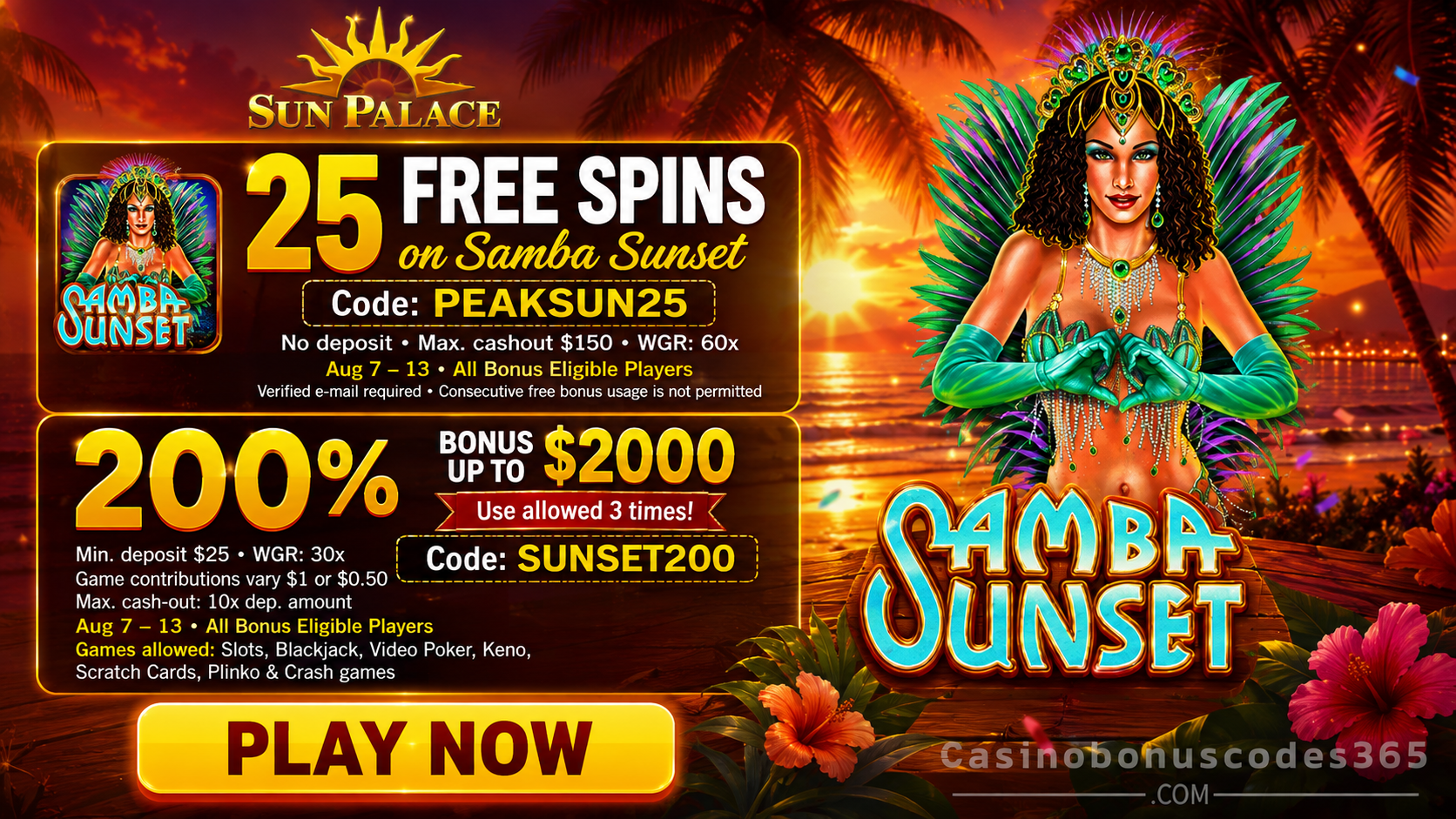 Sun Palace Bonus Offer – 25 no-deposit FREE Spins on Samba Sunset