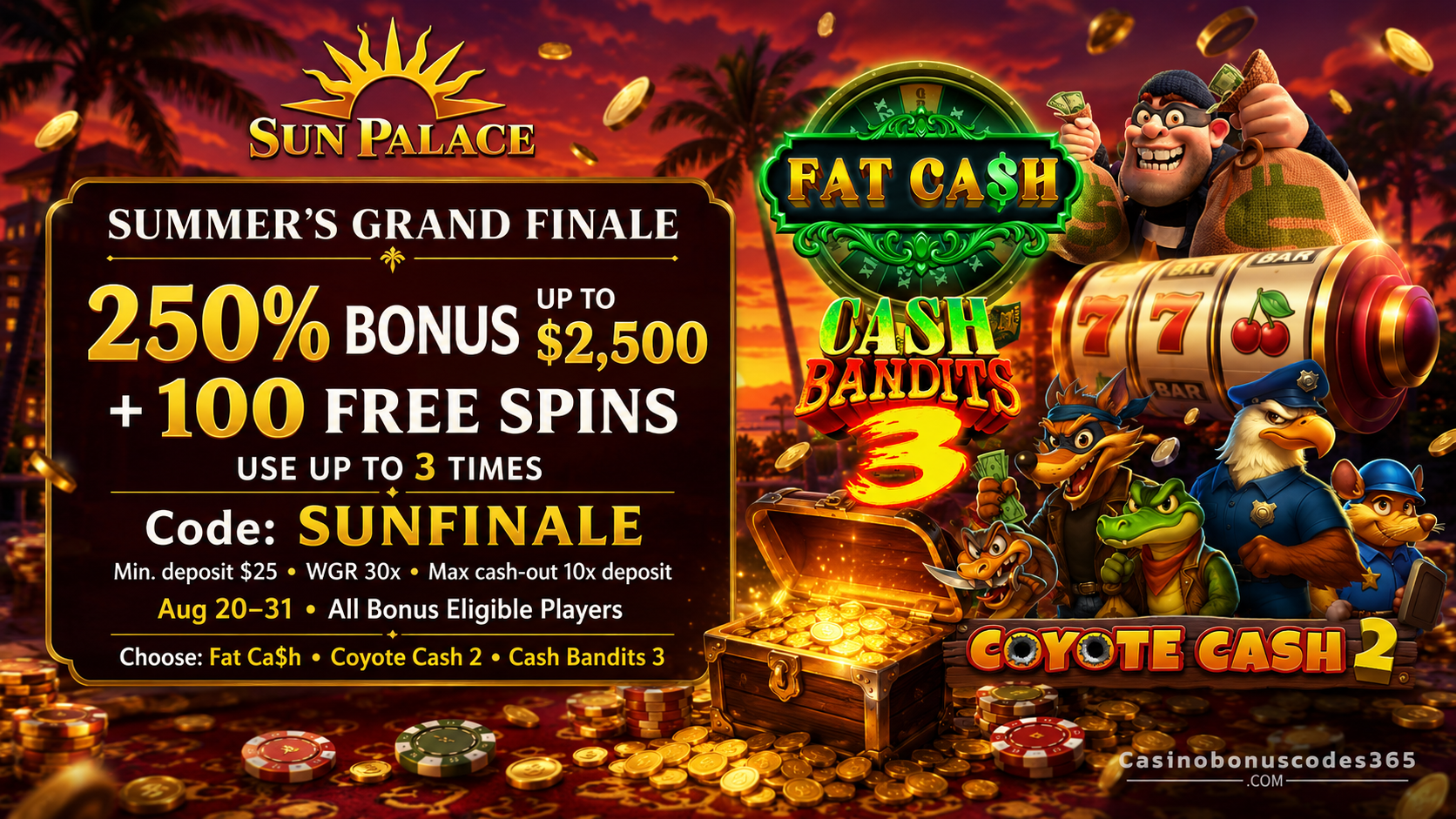 Sun Palace Bonus Offer – 250% up to $2,500 + 100 FREE Spins