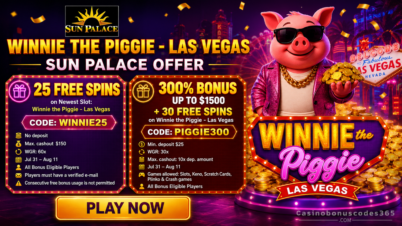 Sun Palace Bonus Offer – 25 no-deposit FREE Spins on Winnie the Piggie Las Vegas