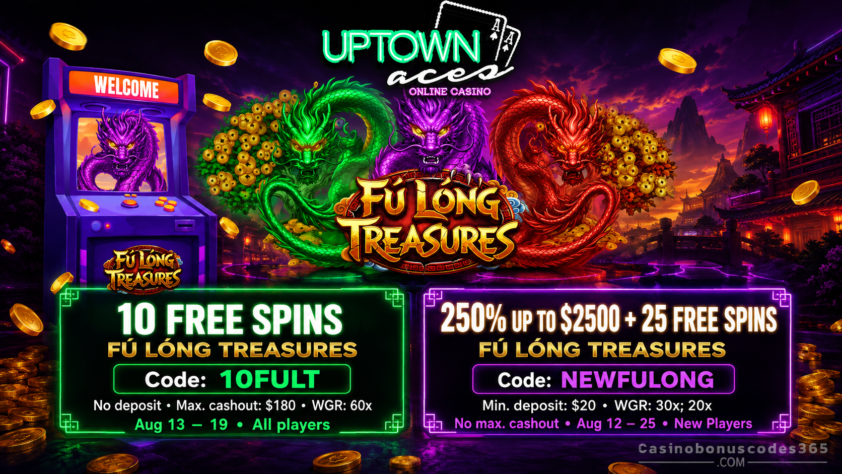 Uptown Aces Bonus Offer – 10 FREE Spins on Fu Long Treasures