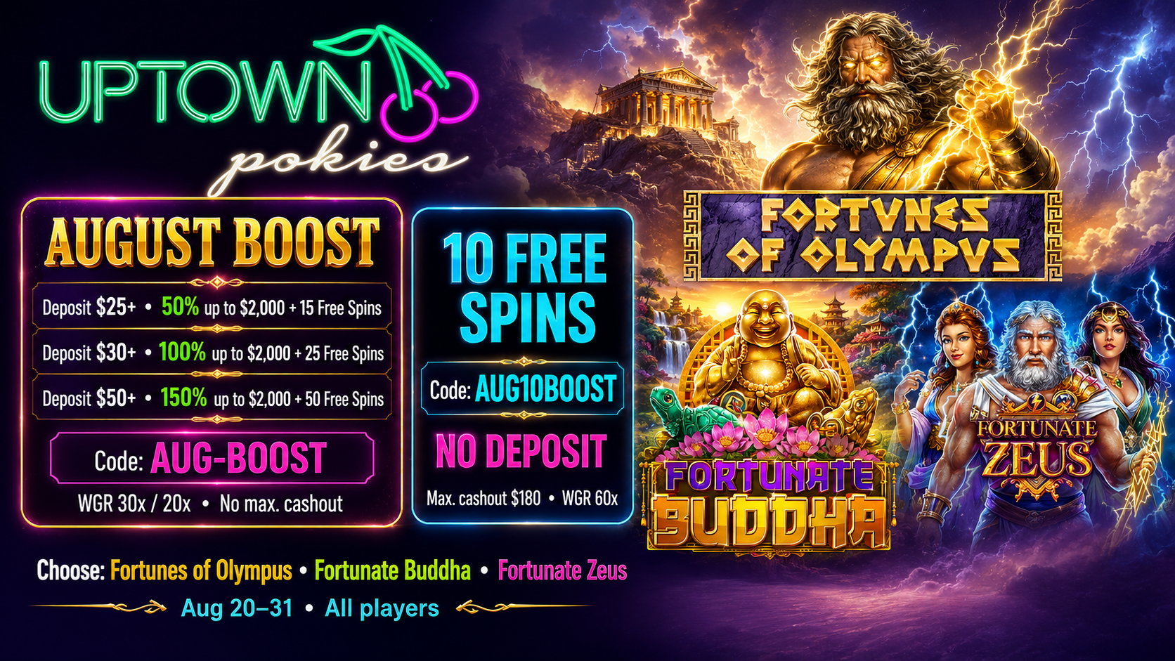 Uptown Pokies August Fortune Boost up to 150% and 50 FREE Spins