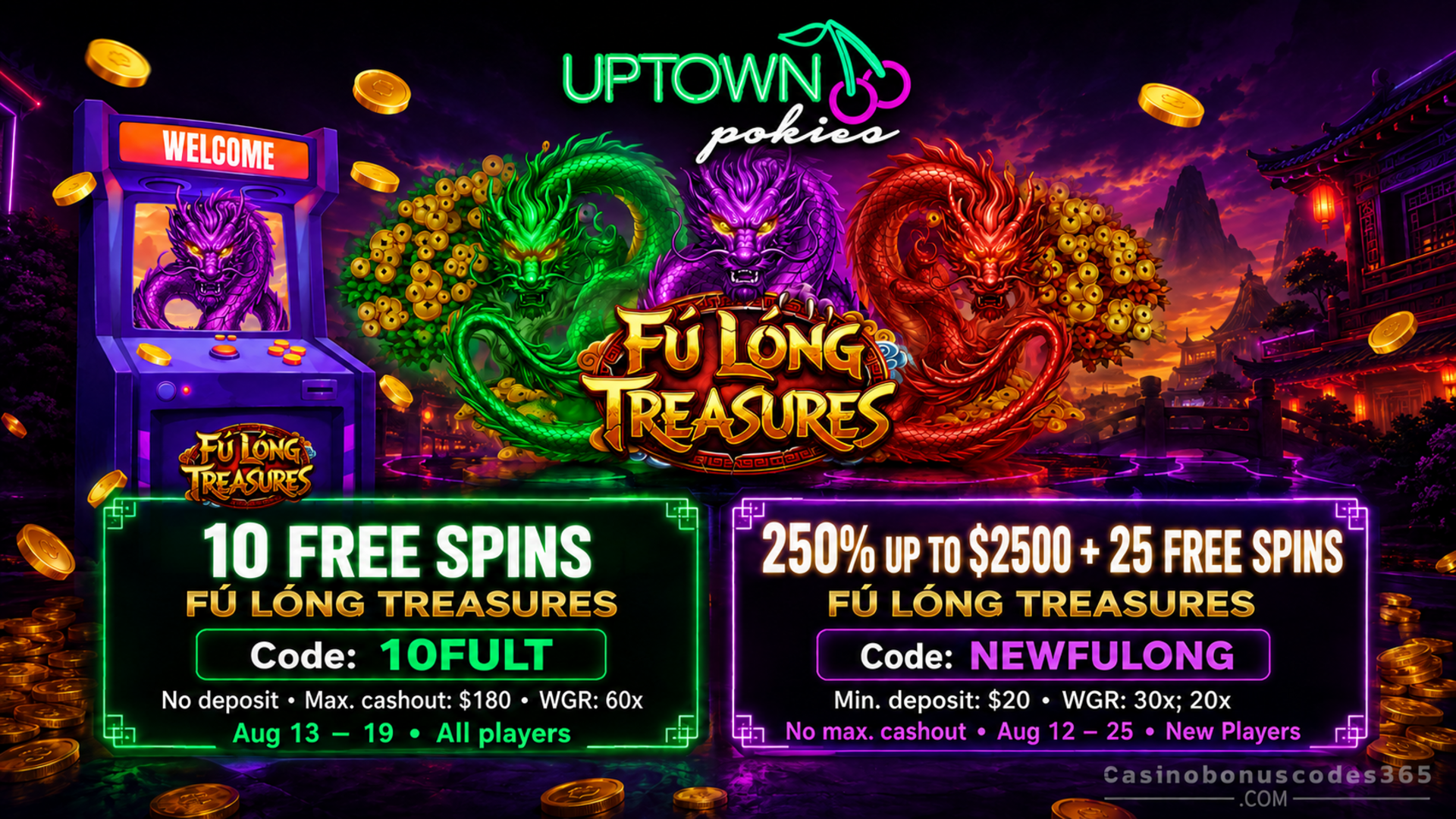 Uptown Pokies Bonus Offer – 10 FREE Spins on Fu Long Treasures