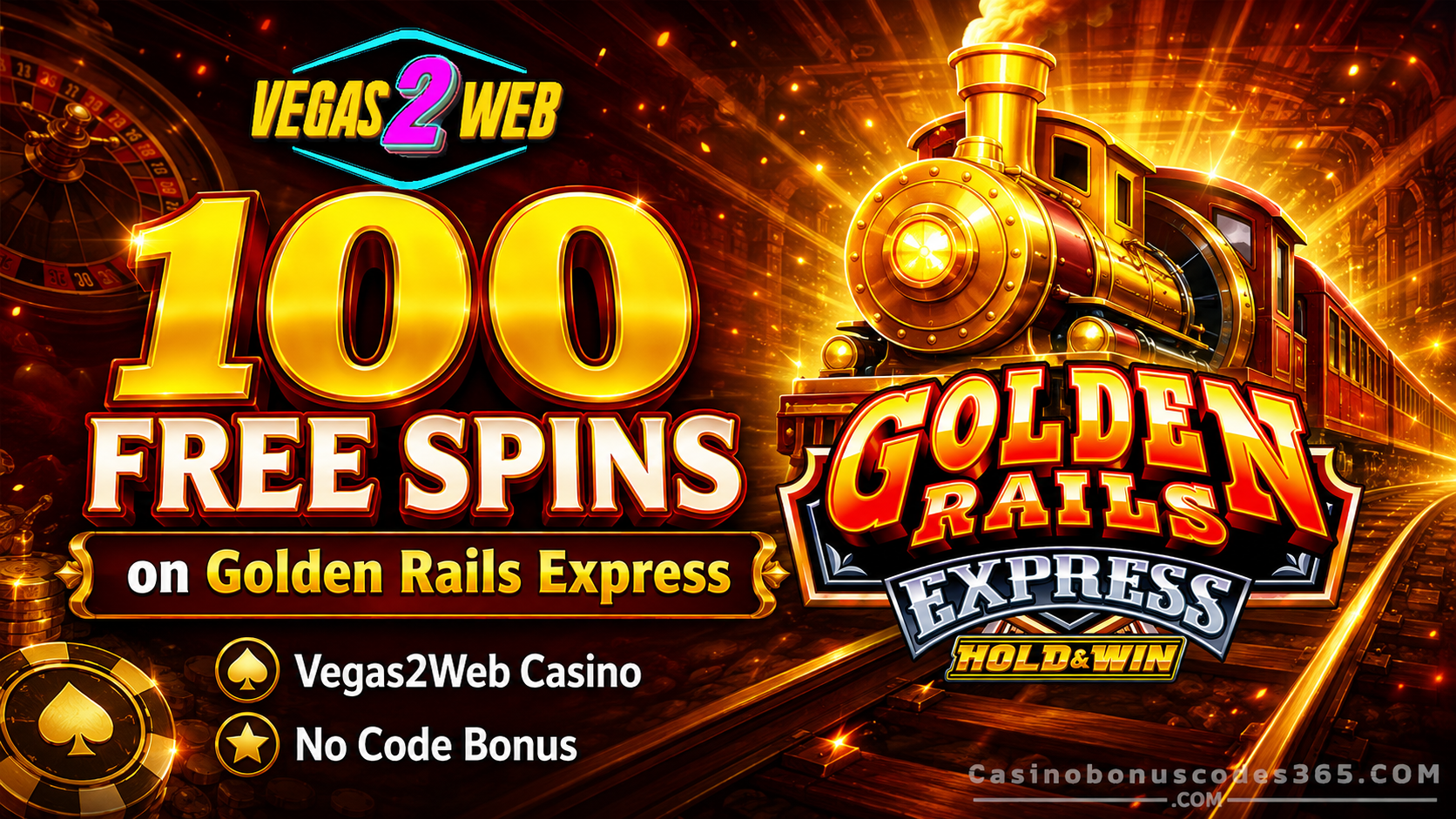 Vegas2Web Casino 100 FREE Spins on Golden Rails Express