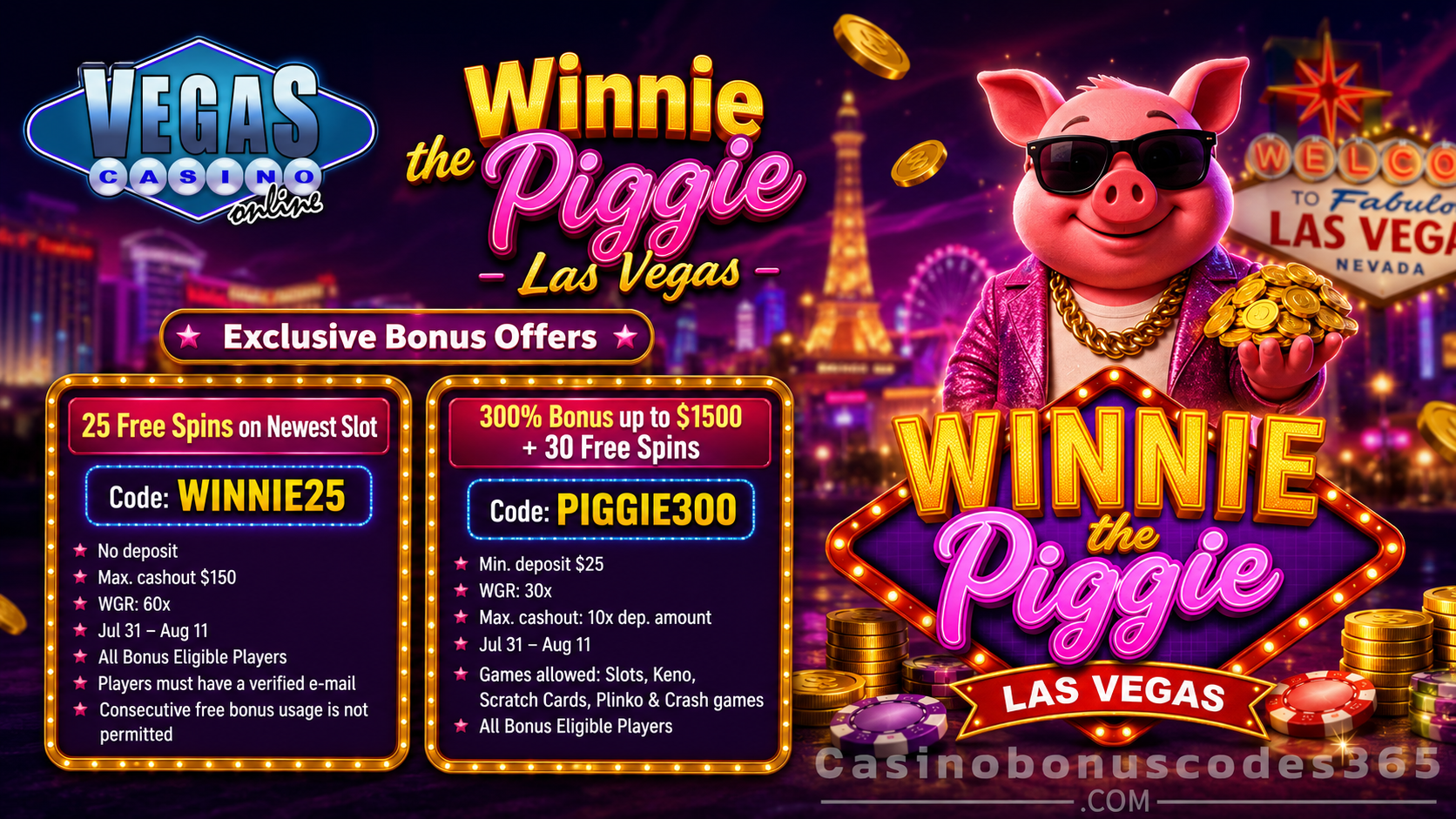 Vegas Casino Online Bonus Offer – 25 no-deposit FREE Spins on Winnie the Piggie Las Vegas