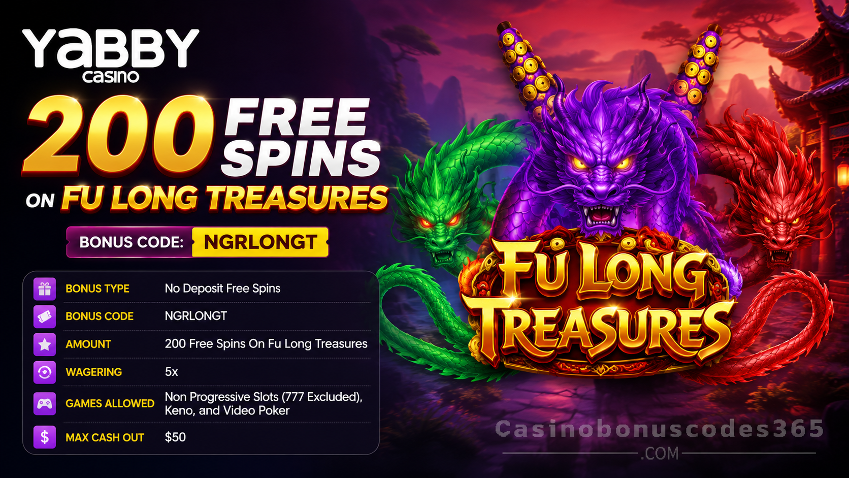 Yabby Casino 200 FREE Spins on Fu Long Treasures