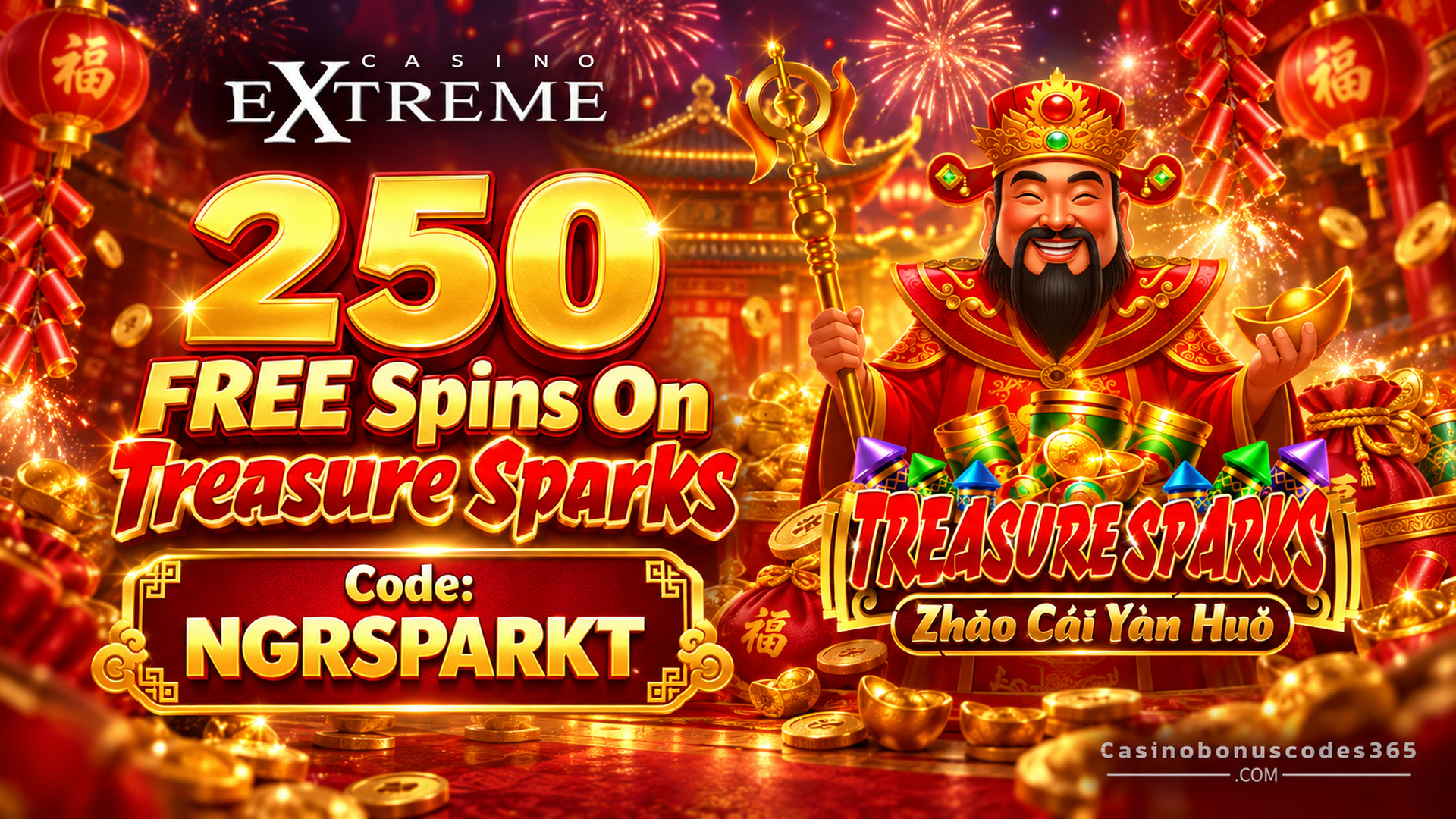 Casino Extreme 250 FREE Spins on Treasure Sparks