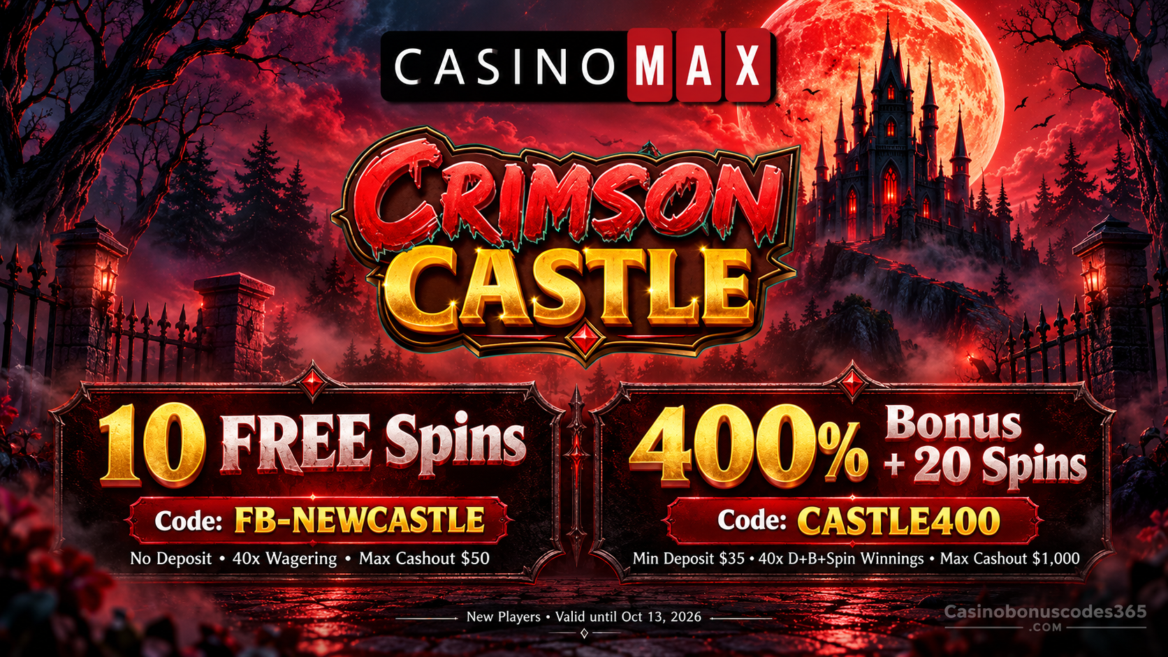 CasinoMax Crimson Castle 10 FREE Spins + 400% Bonus + 20 FREE Spins