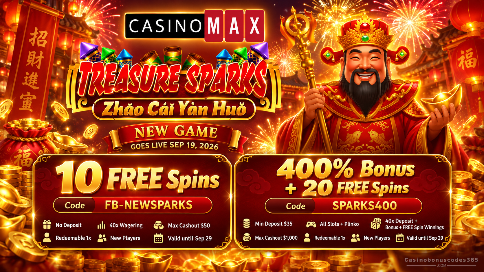 CasinoMax Treasure Sparks 10 FREE Spins + 400% Bonus + 20 FREE Spins
