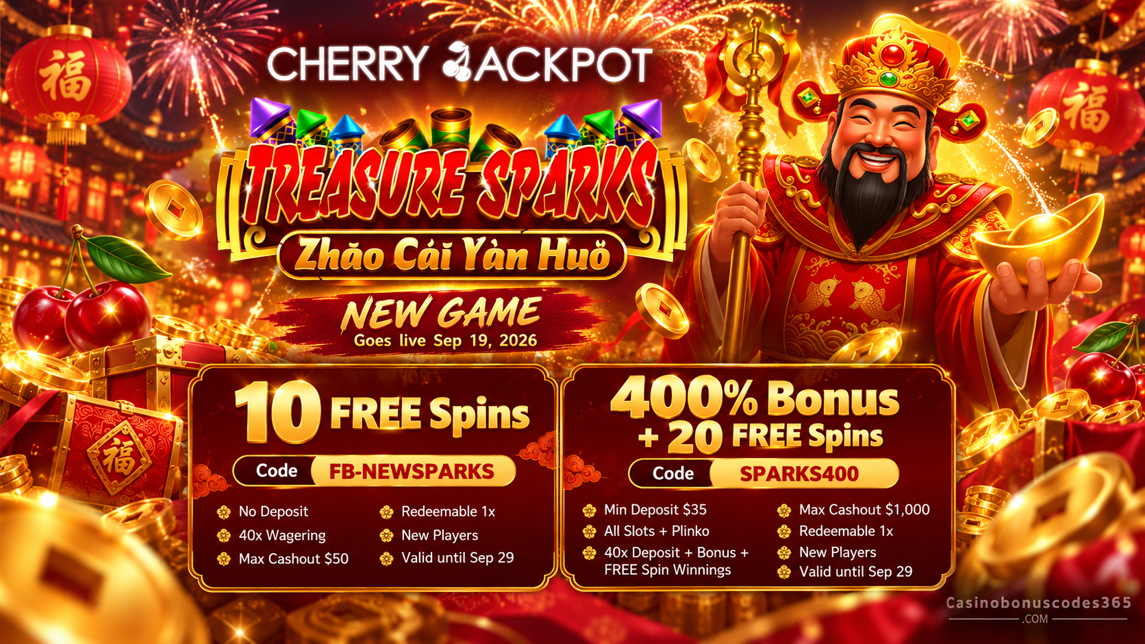 Cherry Jackpot Treasure Sparks 10 FREE Spins + 400% Bonus + 20 FREE Spins