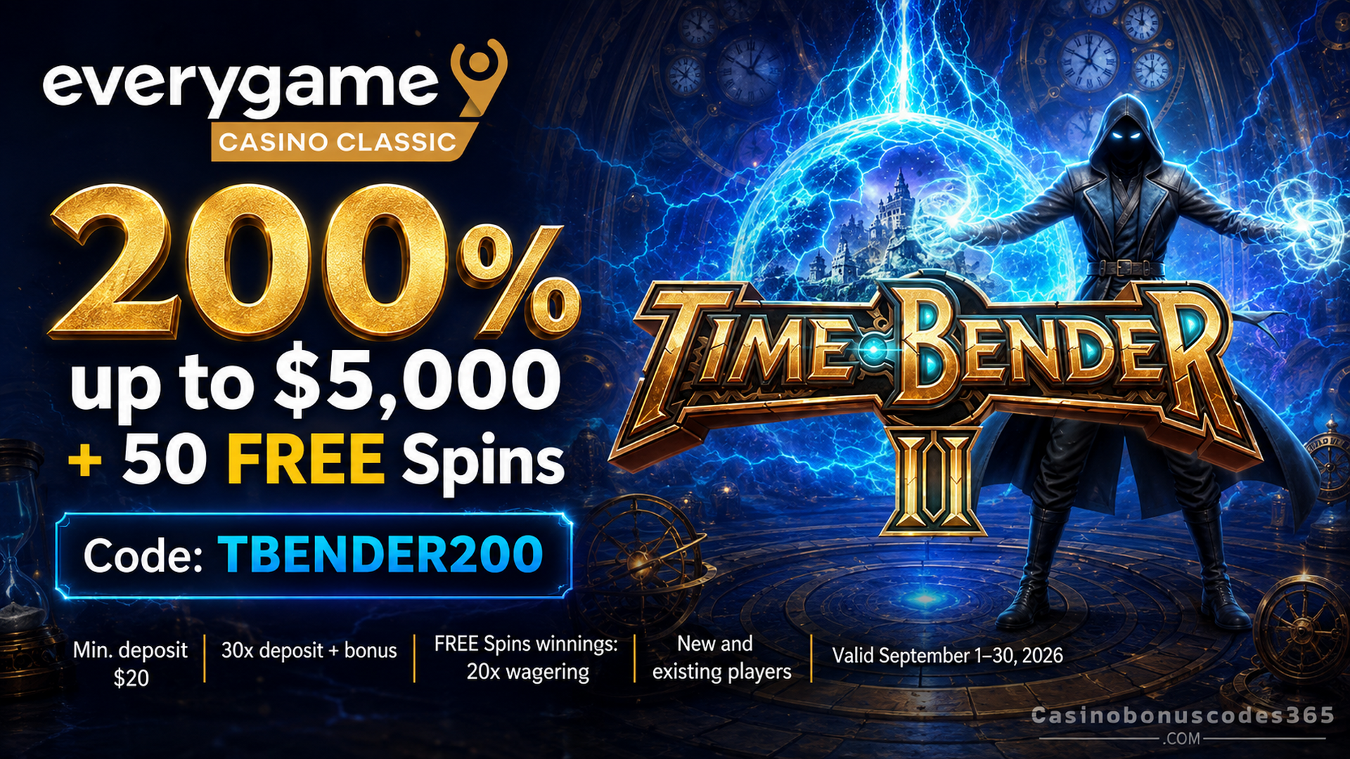 Everygame Casino Classic 200% Bonus and 50 FREE Spins on TIME BENDER II