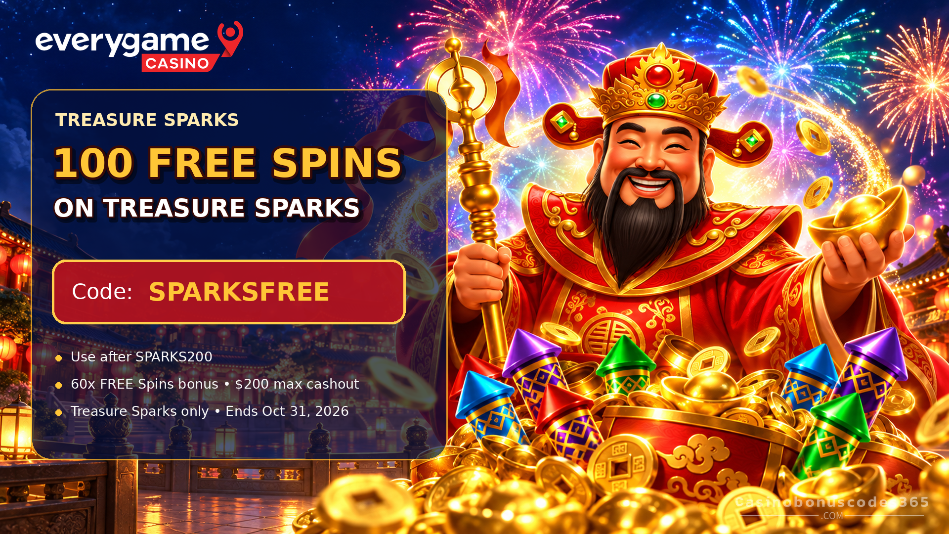 Everygame Casino Red 100 FREE Spins on Treasure Sparks code SPARKSFREE