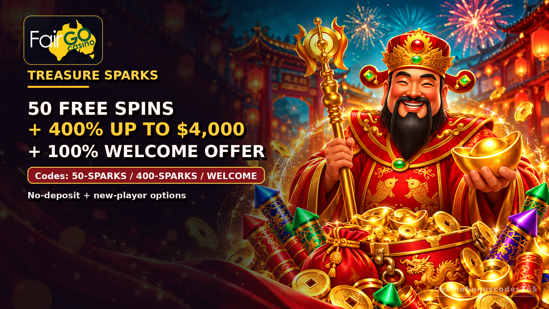 Fair Go 50 no-deposit FREE Spins on Treasure Sparks