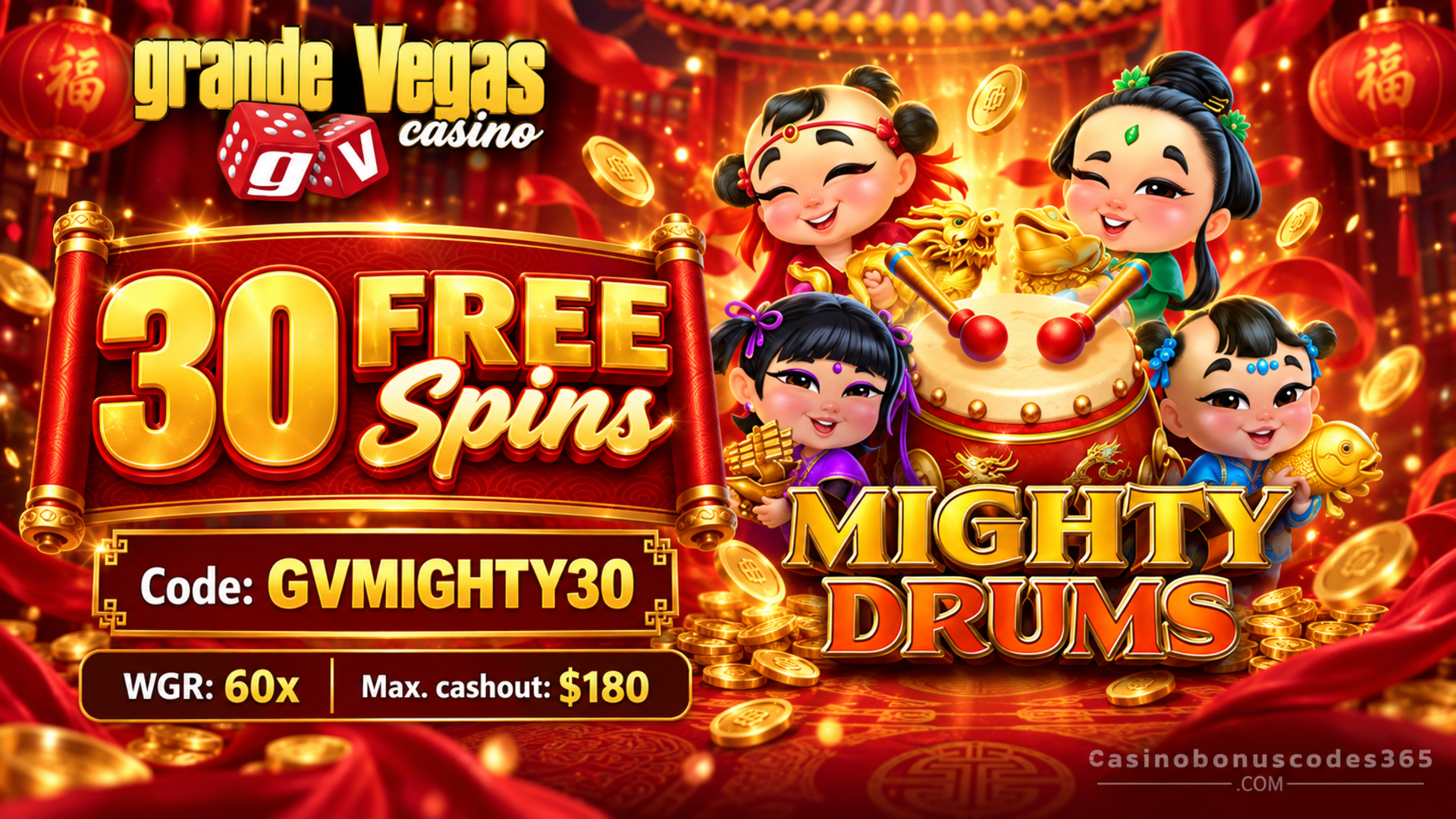 Grande Vegas Casino 30 FREE Spins on Mighty Drums