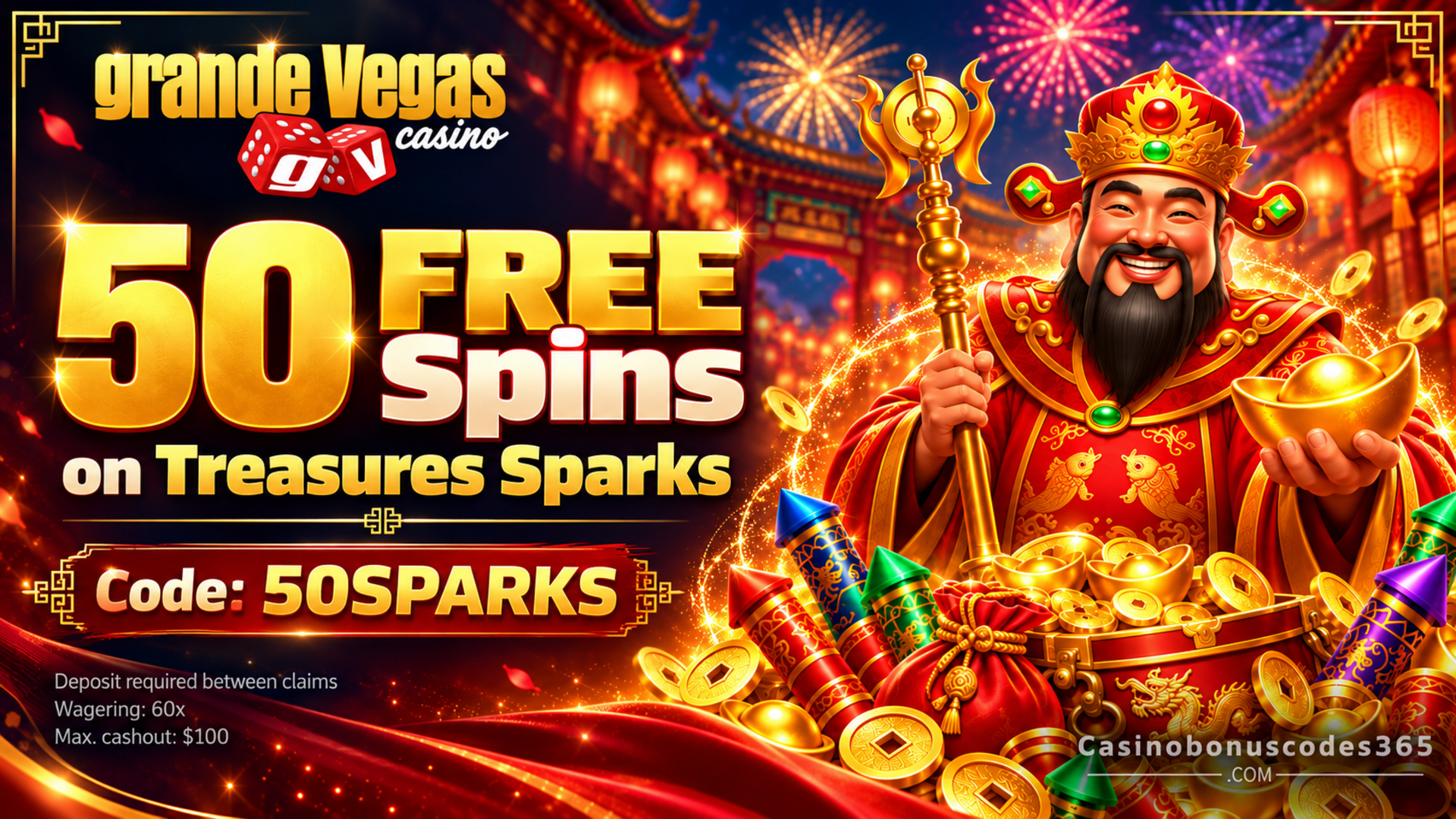 Grande Vegas Casino 50 FREE Spins on Treasures Sparks