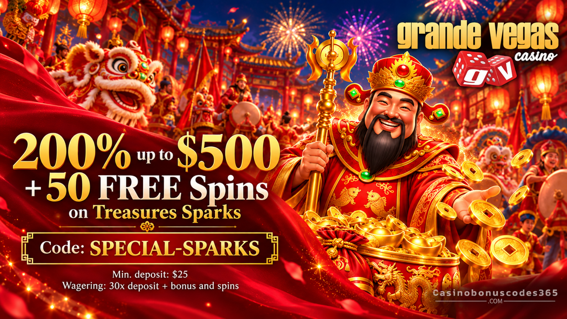 Grande Vegas Casino 200% up to $500 plus 50 FREE Spins on Treasures Sparks