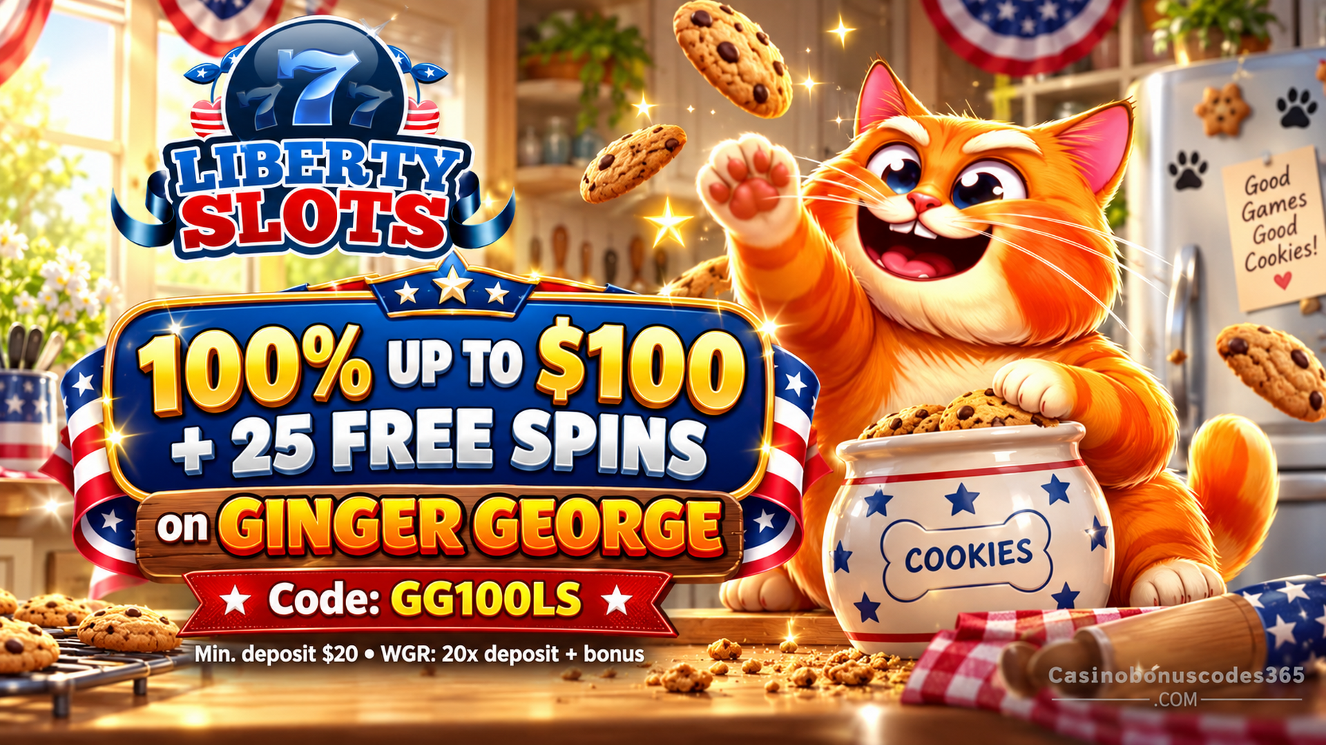 Liberty Slots 100% up to $100 + 25 FREE Spins GG100LS