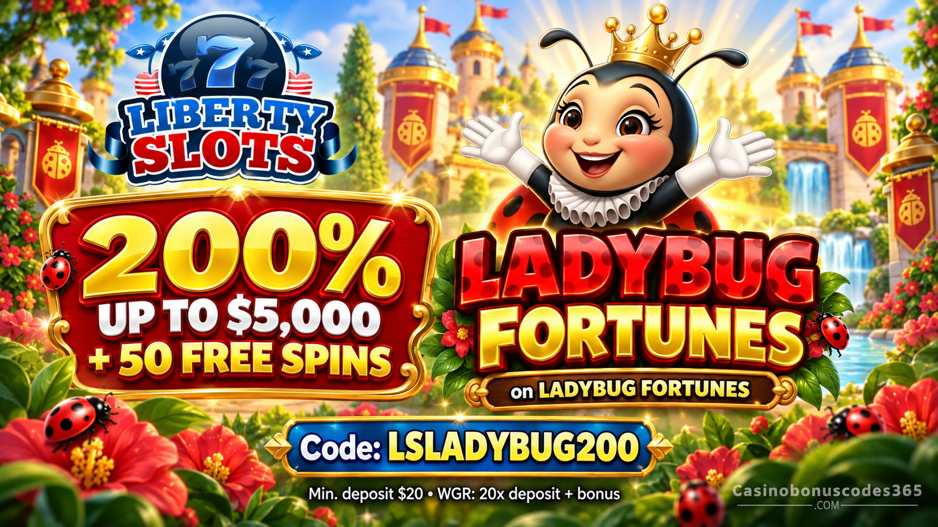 Liberty Slots 200% up to $5,000 + 50 FREE Spins LSLADYBUG200