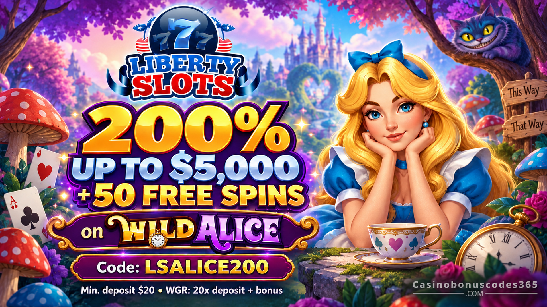 Liberty Slots 200% up to $5,000 + 50 FREE Spins on Wild Alice