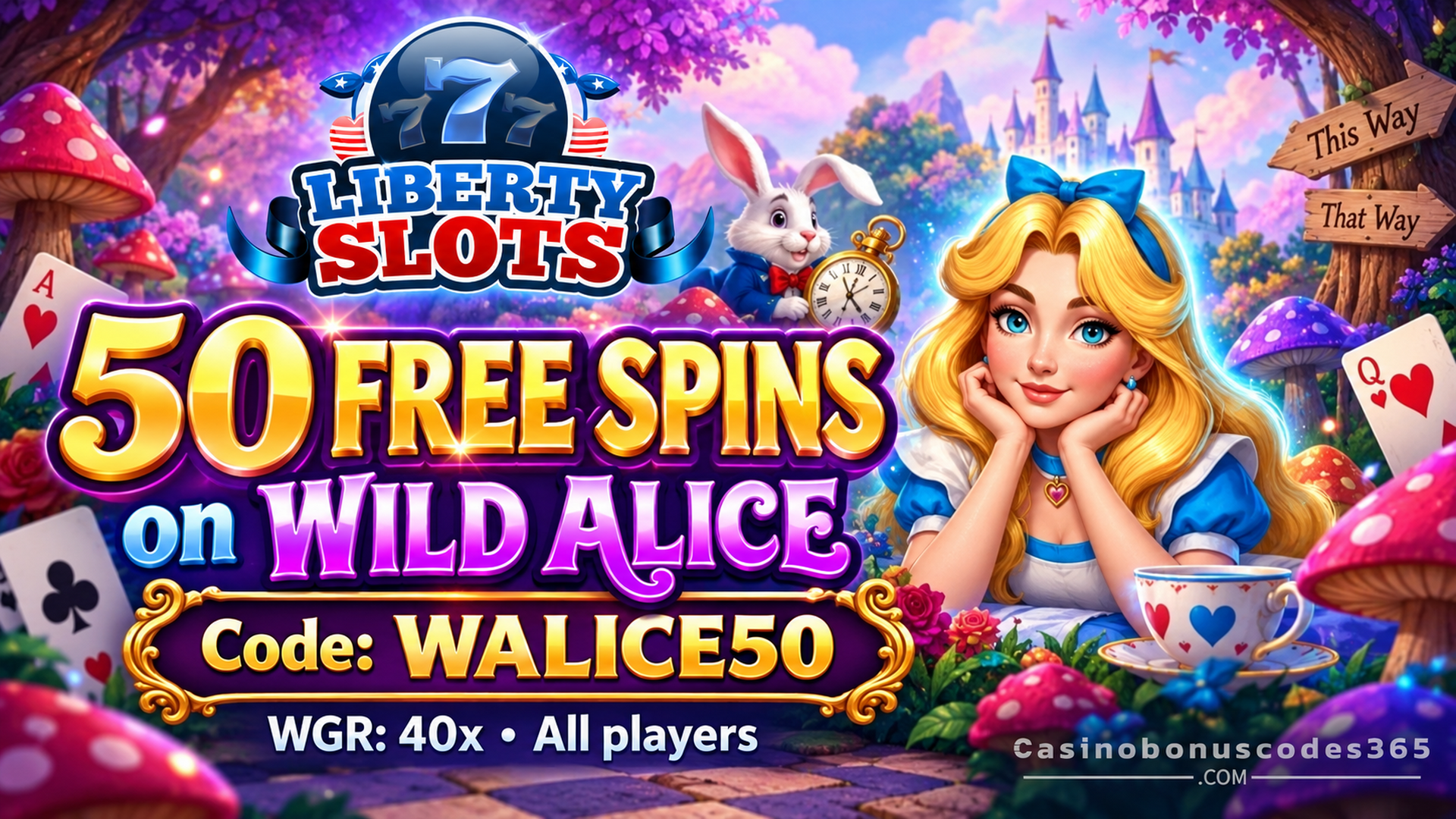 Liberty Slots 50 FREE Spins on Wild Alice