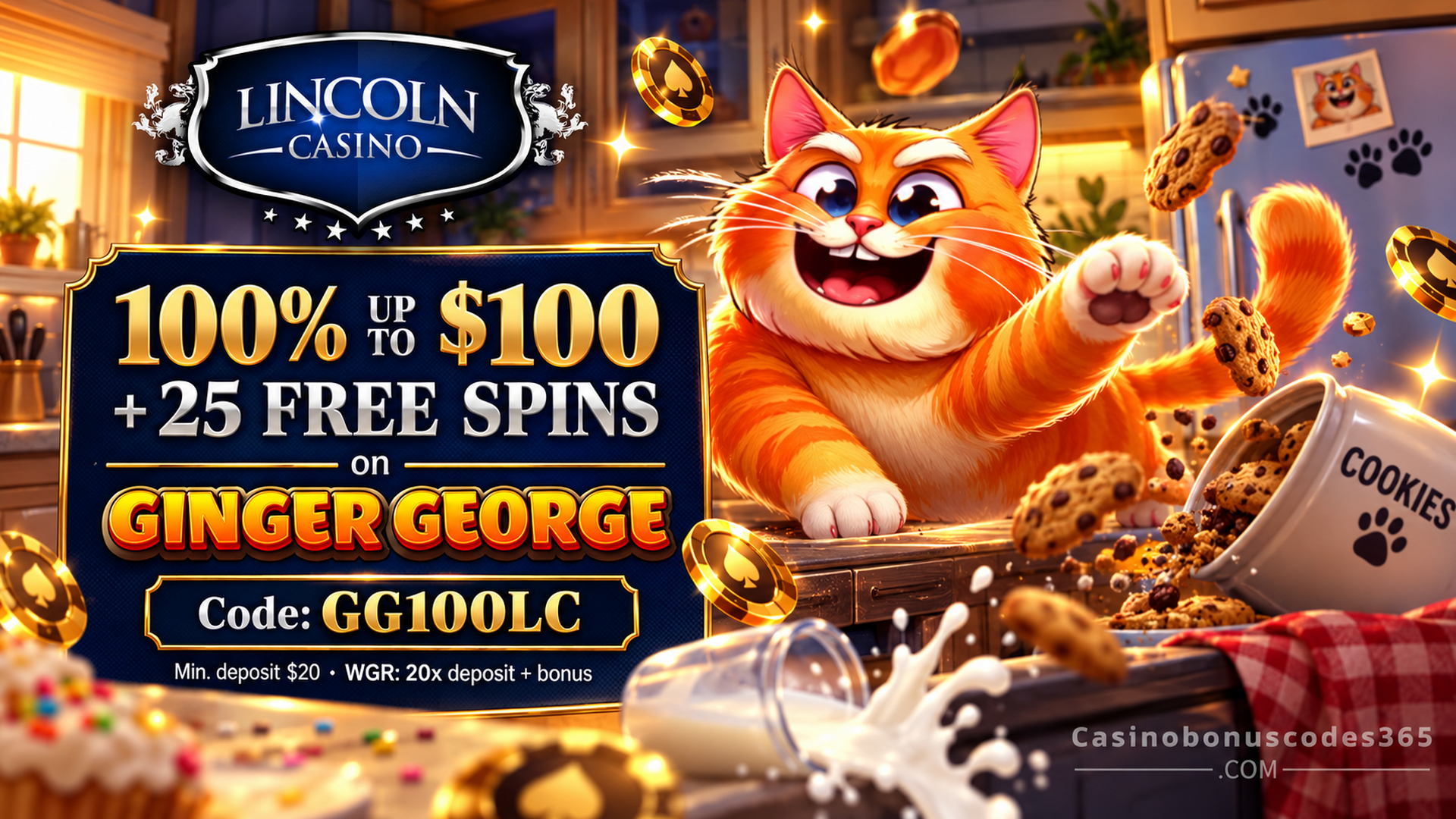 Lincoln Casino 100% up to $100 + 25 FREE Spins GG100LC