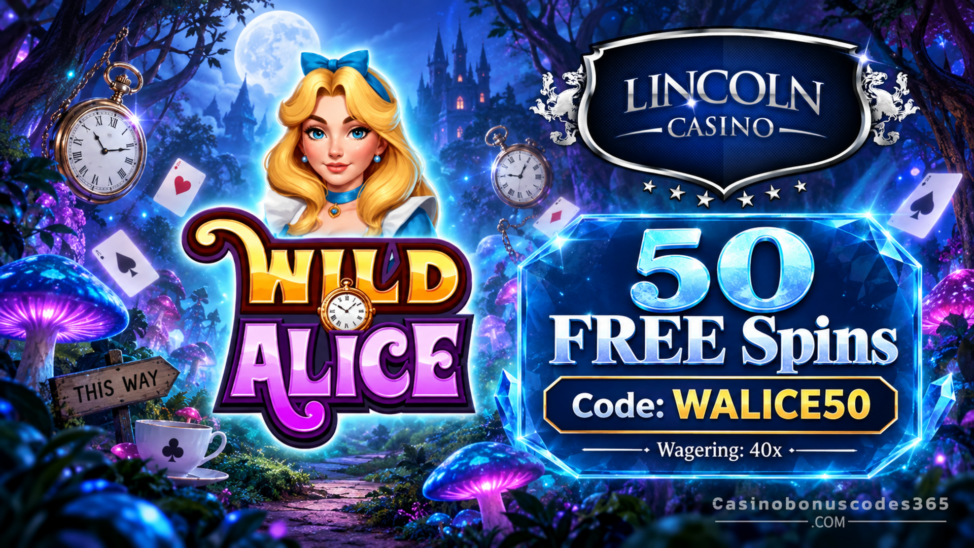 Lincoln Casino 50 FREE Spins on Wild Alice