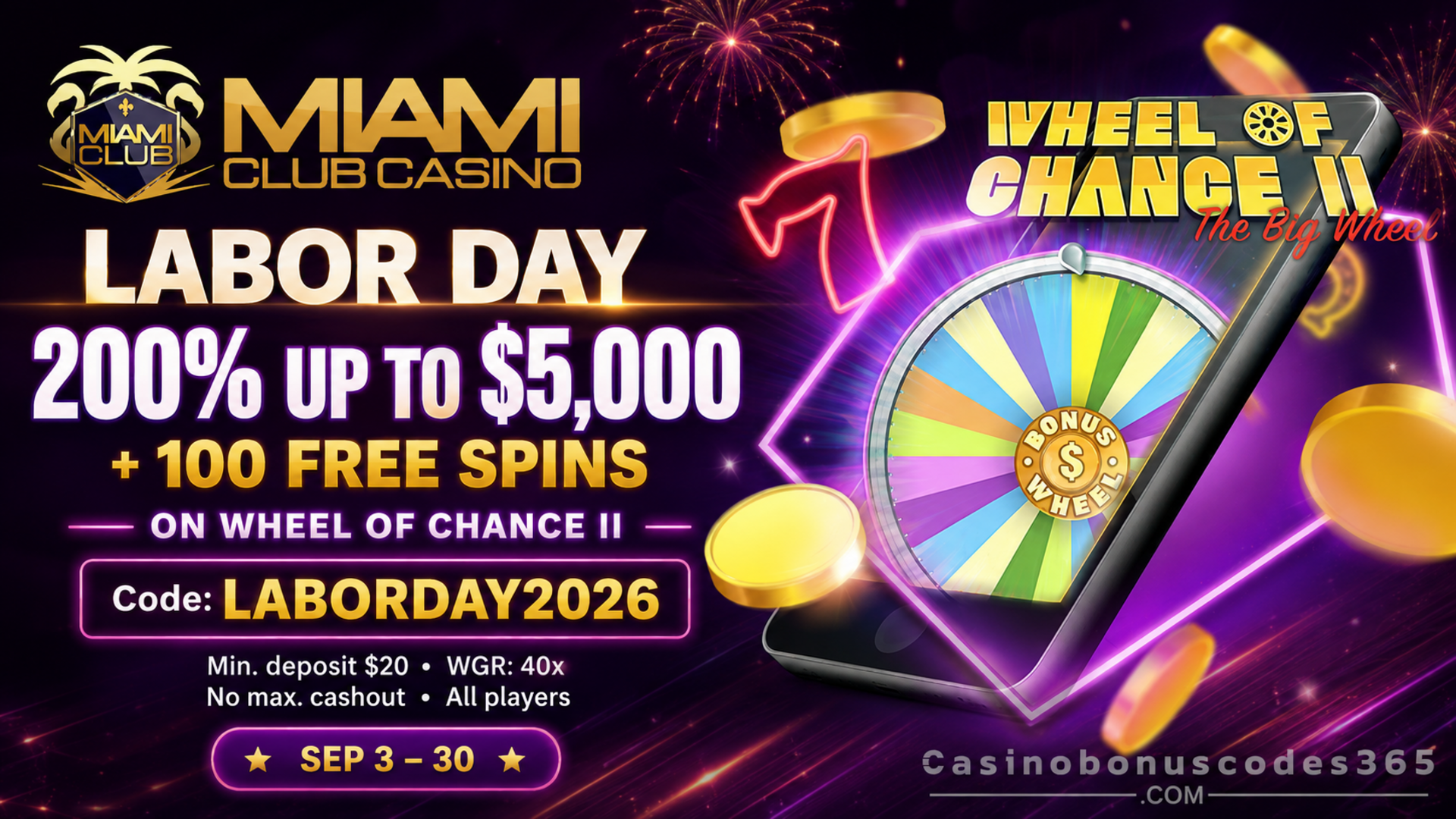 Miami Club Bonus Offer – 200% up to $5,000 + 100 FREE Spins