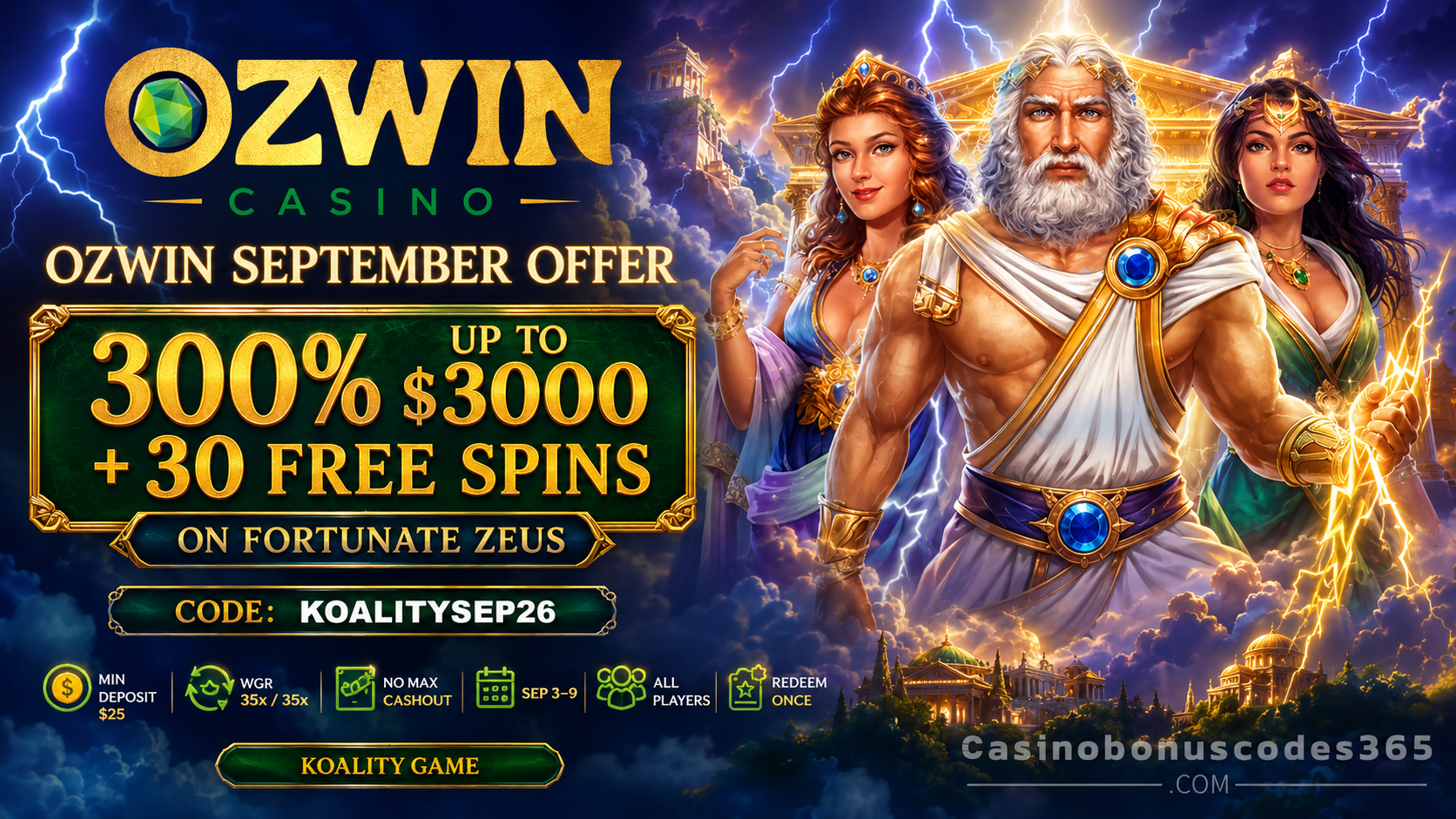 Ozwin Bonus Offer – 300% up to $3,000 + 30 FREE Spins