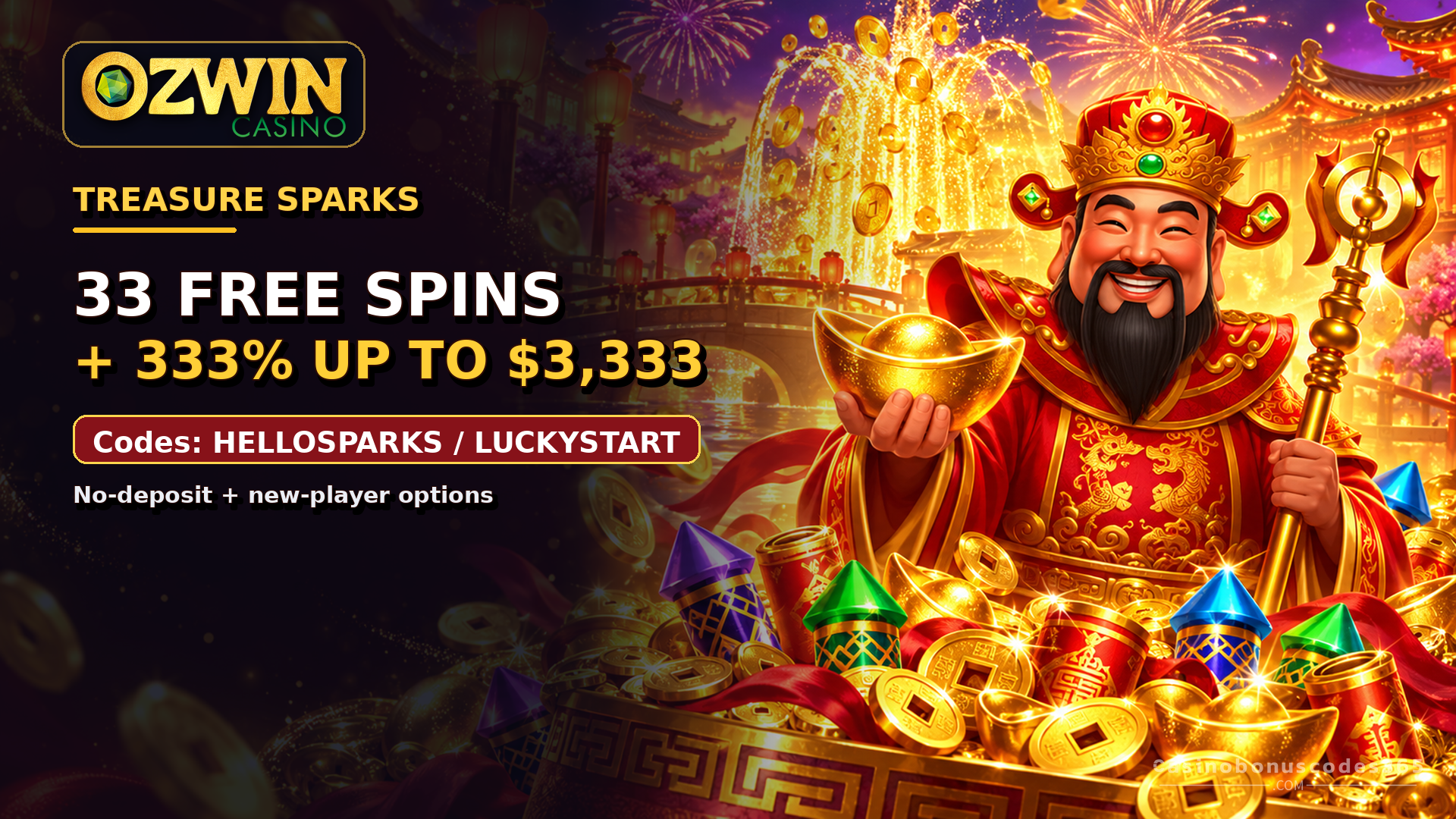 Ozwin 33 no-deposit FREE Spins on Treasure Sparks