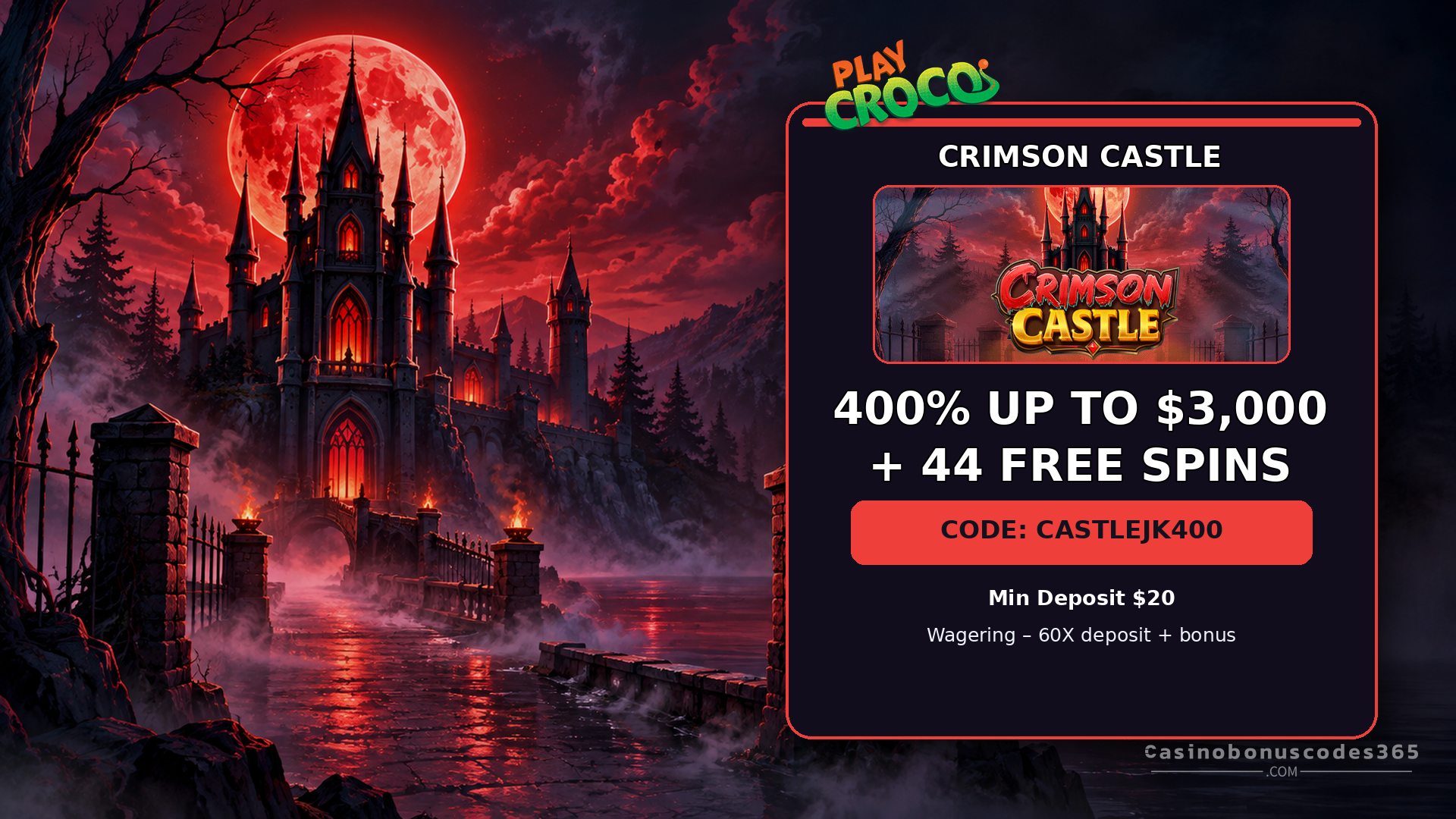 PlayCroco 400% up to $3,000 + 44 FREE Spins on Crimson Castle