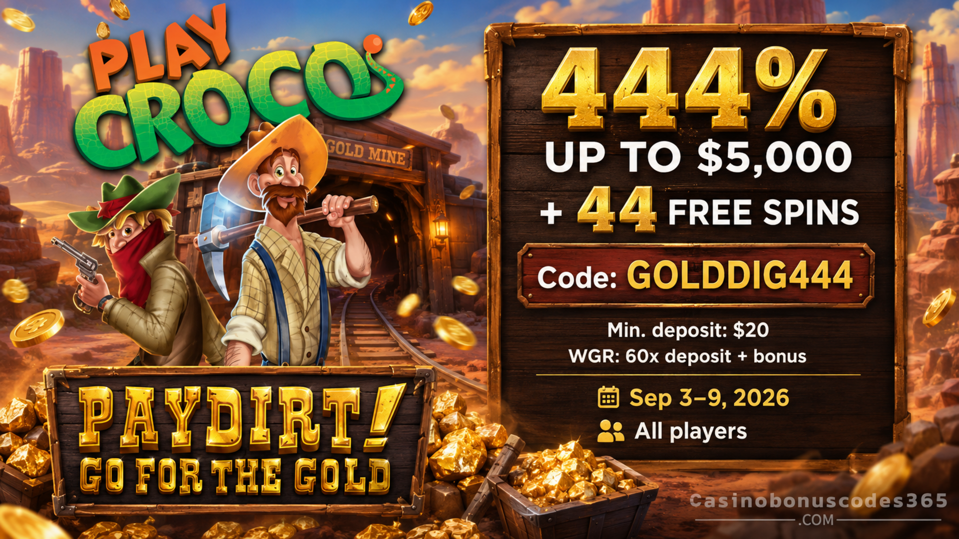 PlayCroco 444% up to $5000 + 44 FREE Spins Bonus