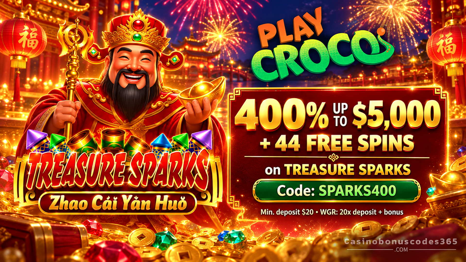 PlayCroco 400% up to $5,000 + 44 FREE Spins on Treasure Sparks