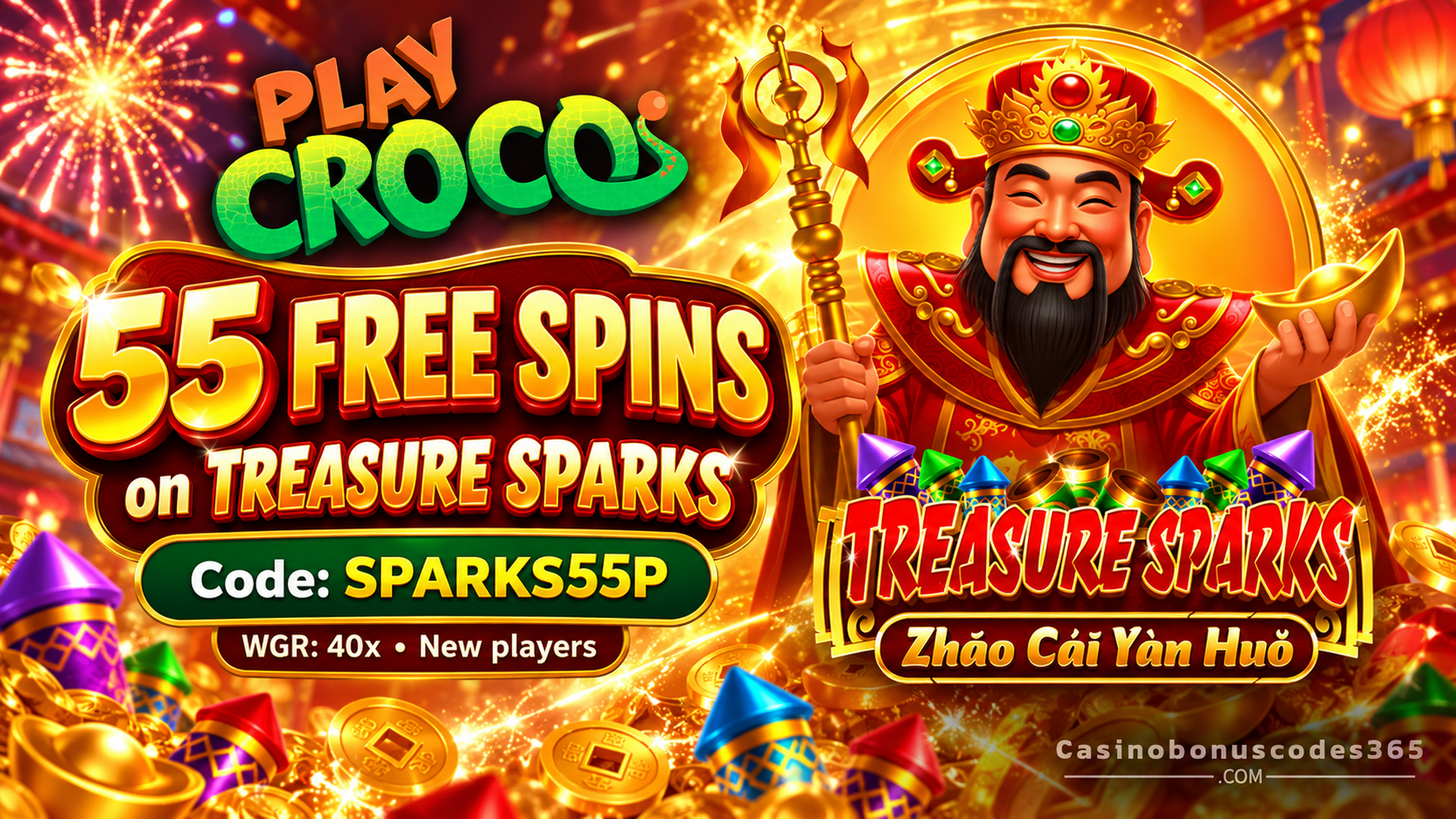PlayCroco 55 FREE Spins on Treasure Sparks