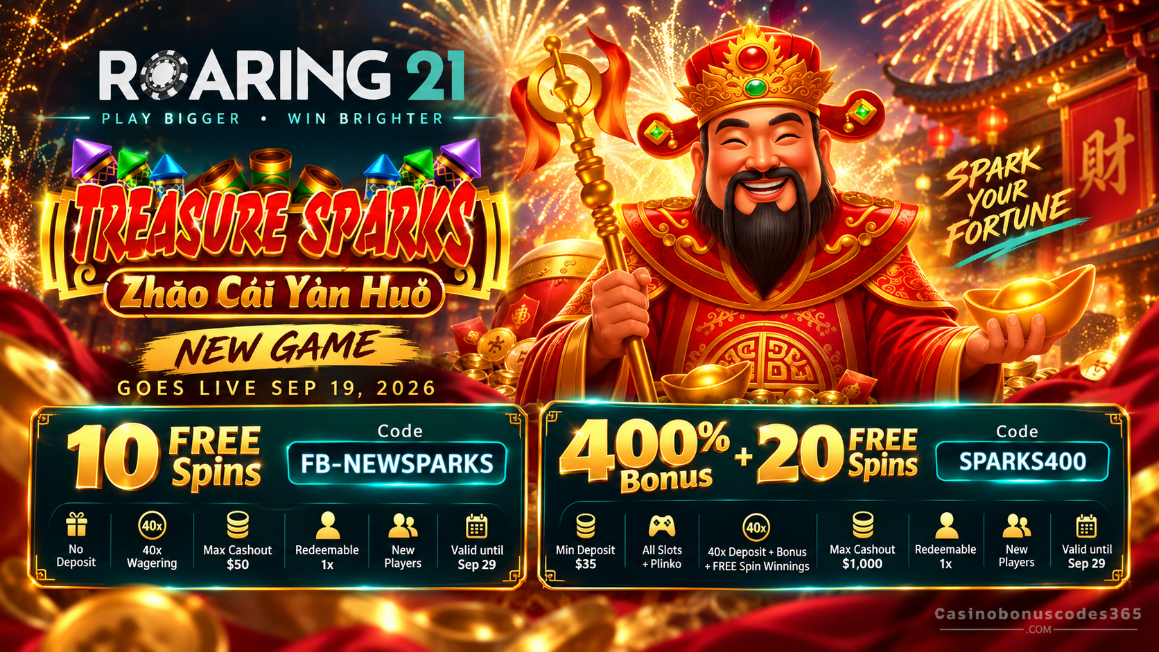 Roaring21 Treasure Sparks 10 FREE Spins + 400% Bonus + 20 FREE Spins