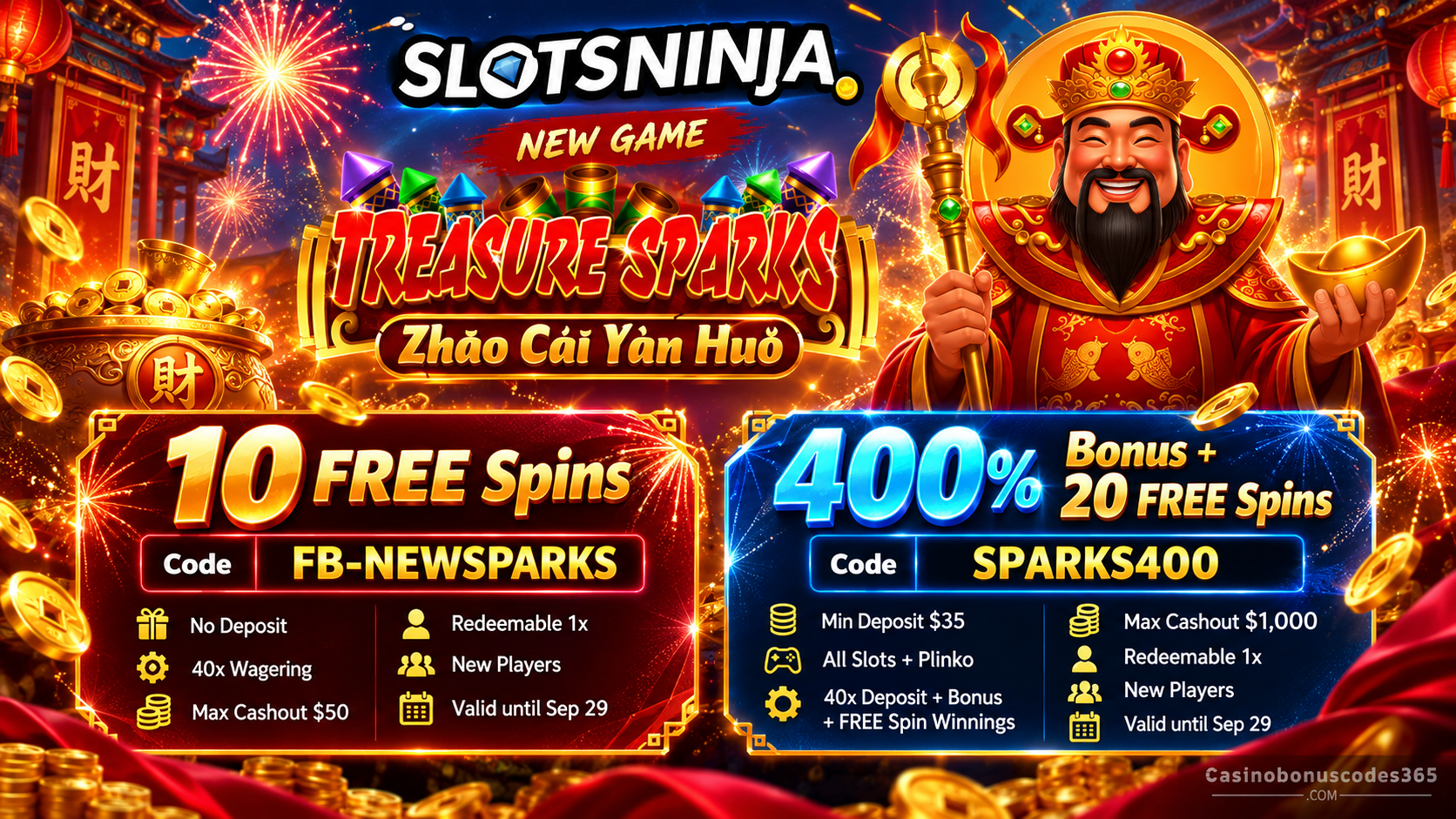 Slots Ninja Treasure Sparks 10 FREE Spins + 400% Bonus + 20 FREE Spins